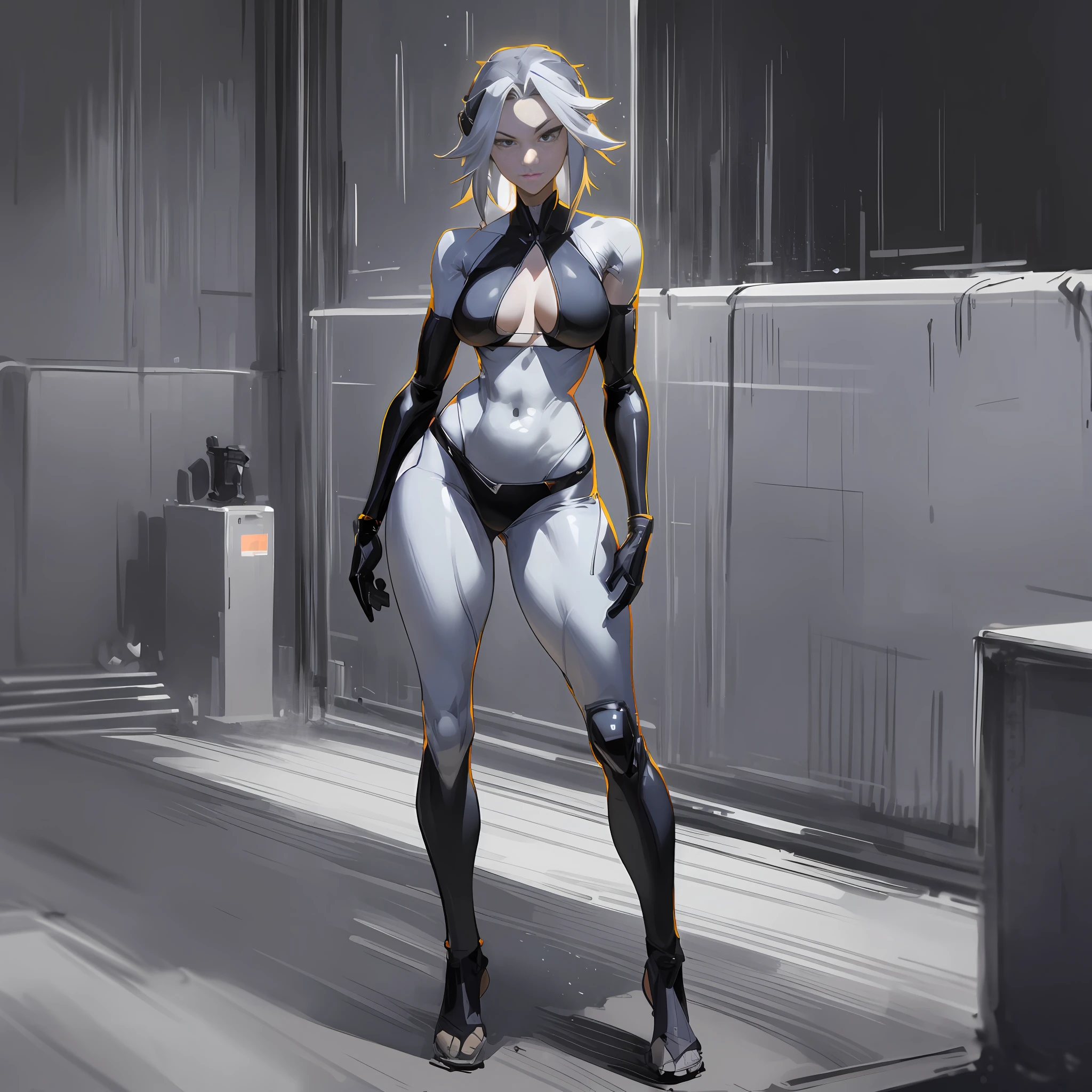 Masterpiece, Yuji Shinkawa, great Japanese master anime works, Japanese manga master works, black and white manga, grayscale, realistic night scene, a girl in leather tight bikini standing in the night, full body portrait, sexy girl, slim figure, big, long legs, sexy slender legs, movie lighting, light and shadow tracking, movie composition, full body standing