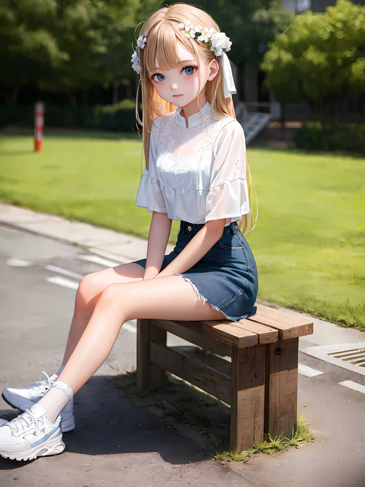 1girl, (masterpiece:1.1), (best quality:1.1), (white blouse:1.1), BREAK [blue:pink:0.5] theme, cowboy shot, full body, sideways view, looking at the audience, break flaxen hair, long hair, delicate facial features, blue eyes, flowers on the head, white top, denim miniskirt, white sneakers, sitting position, playground, selling cute