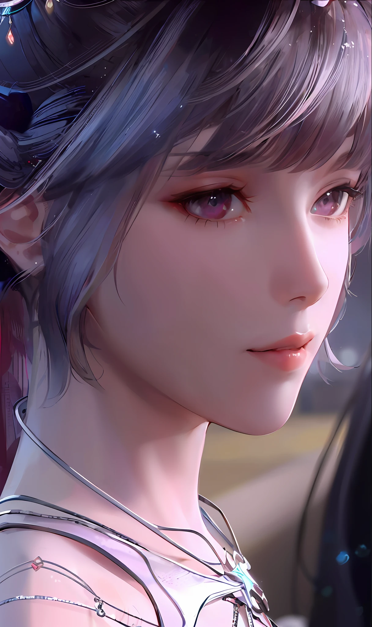 ((masterpiece, best quality)), (1girl),((mature female)), lightpink hair, halo, horn, ((office lady )),bangs,middle breast,(busty),slim,smile, [wide hips],office,standing, aru \(blue archive\),