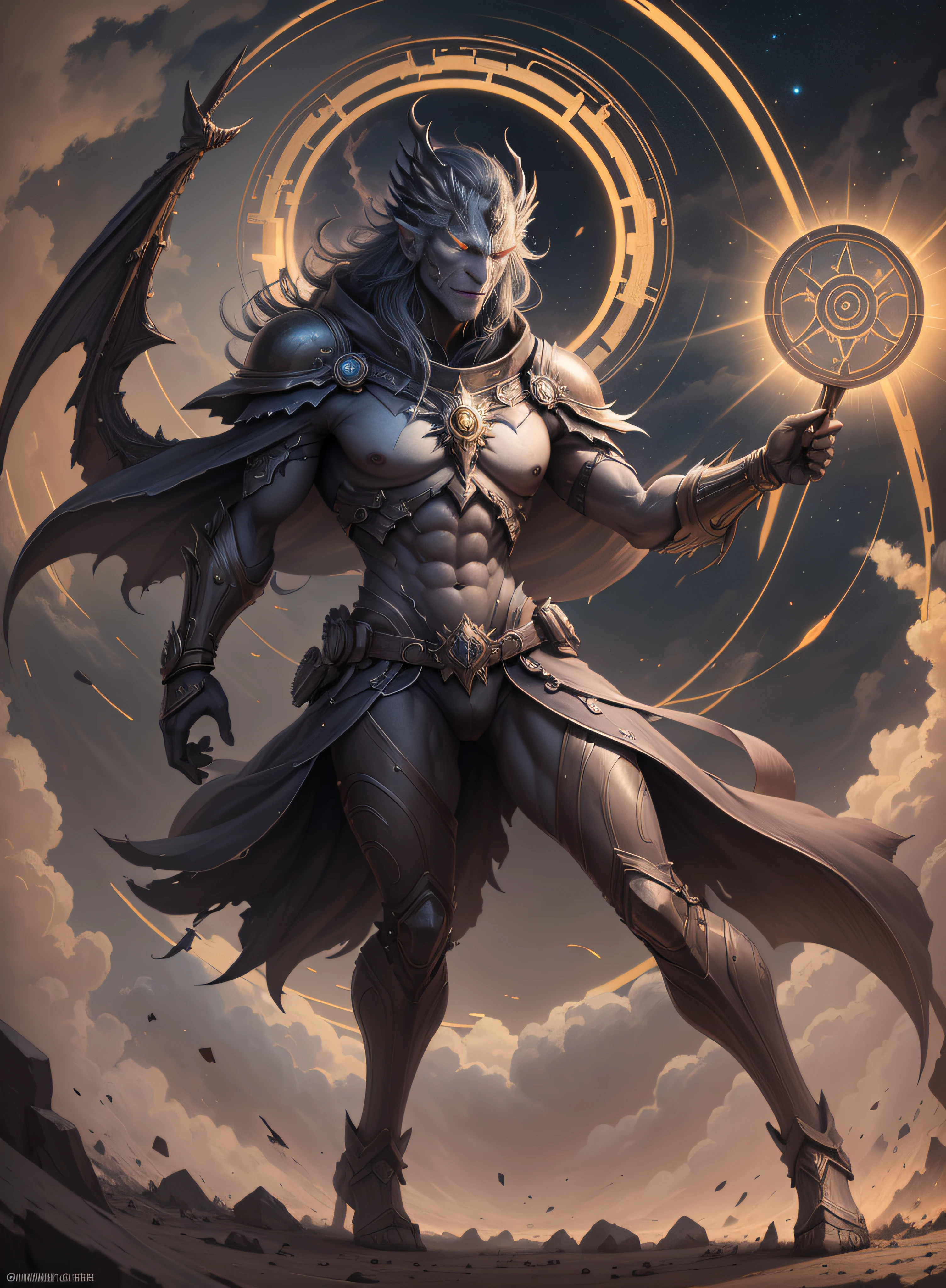 1 demon, emperor of darkness, detailed eyes, detailed face, detailed skin, mature body, tall body, seductive body, whole body, desert BREAK and pyramid bottoms, holding only a holy sun scepter, phoenix dragon in the sky, highly saturating sun rays, holy ceremony, angelic halo, dazzling golden and orange spark around, sacred magic circle, golden crown,  golden majestic lightning, best quality, masterpiece, trend in art station, BREAK, detailed, realistic, highly detailed digital art 8k, octane rendering, bioluminescent, concept art resolution BREAK 8K, realism, by studios Mappa, masterpiece, best quality, official art, illustration, ligne claire, (cool_color), perfect composition, absurdists, fantasy, focused, full body in attack pose, night sky with clouds,  full moon, 8k,
