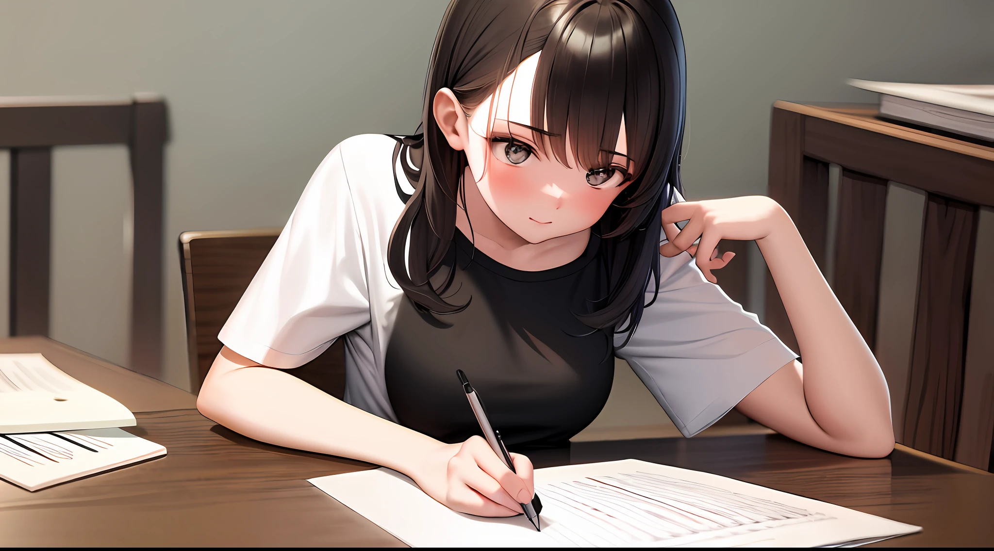masterpiece, Best quality, High Resolution, One girl, Loose T-shirt, Girl sitting on chair studying drafting at desk, horizontal angle, Studying seriously, Paperwork, Good luck studying, Drafting, cute, 18 years old, medium hair, architect