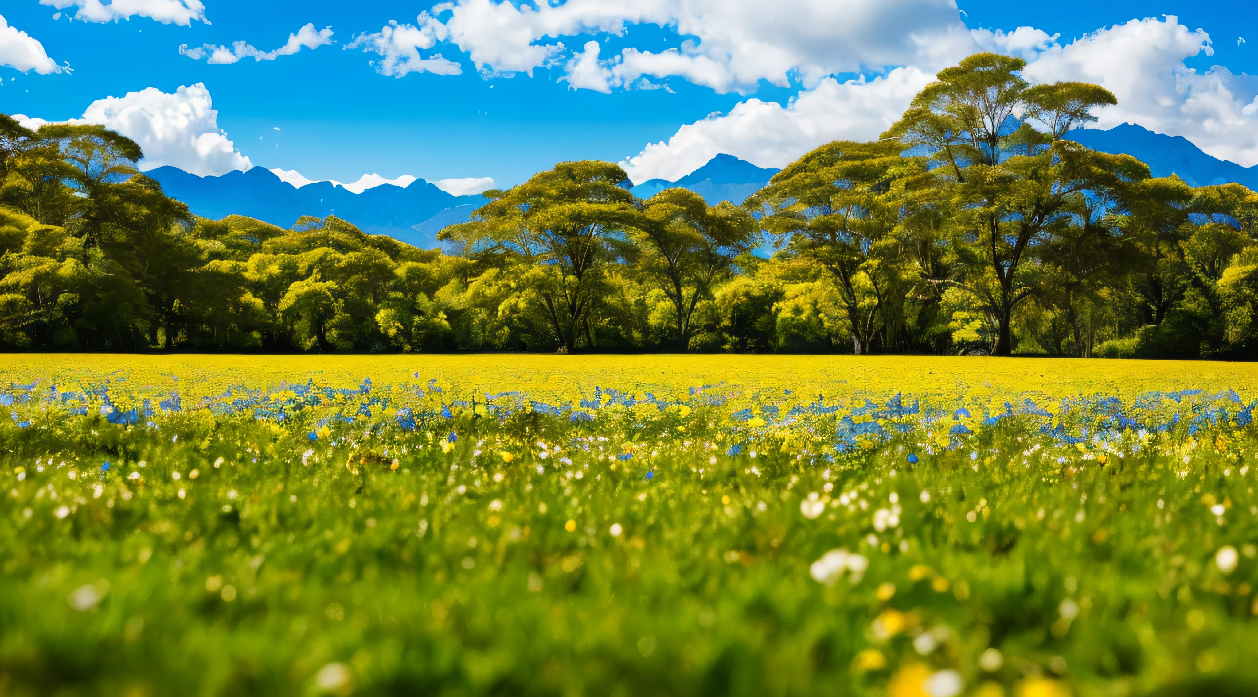 Sunlight shining through the slightly open blinds from the window and a bright blue sky. In the calm atmosphere, the sky is often filled with small white clouds slowly moving. Beneath it is a large green field, with healthy, lush green grass and colorful flowers in beautiful patterns. When you enter, you will find a variety of trees. The shade of the tall trees rests gracefully on the ground, and the leaves gently sway as the wind whipples. Through the trees, small animals make their way and there is a commendable view. On the distant horizon, distant mountains are shadowed by green, turquoise, and withering blue. In front of it stretches a small cozy lake, and the sparkling waves as the sun shines on the lake create a fantastic sight. --auto