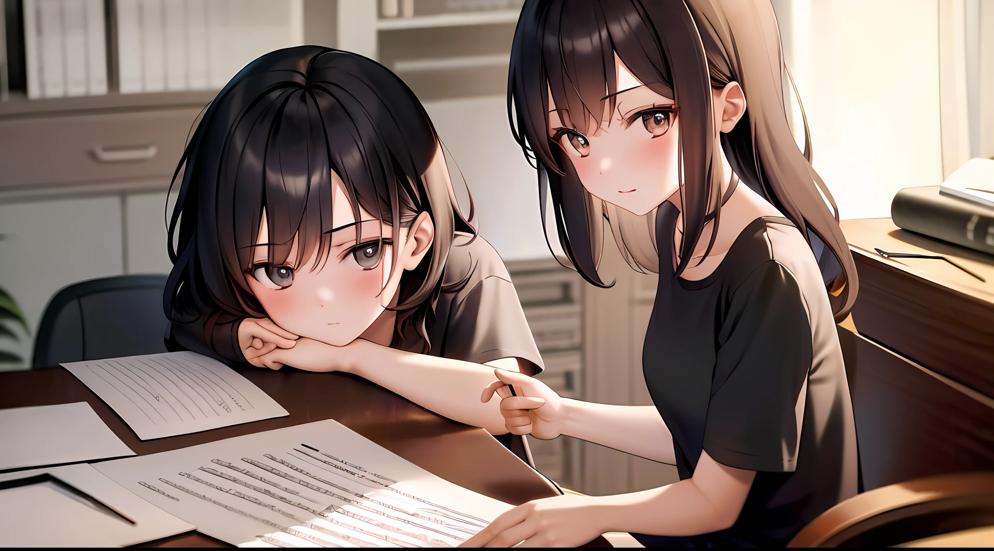 masterpiece, Best quality, High Resolution, One girl, Loose T-shirt, Girl sitting on chair studying drafting at desk, horizontal angle, Studying seriously, Paperwork, Good luck studying, Drafting, cute, 18 years old, medium hair, architect