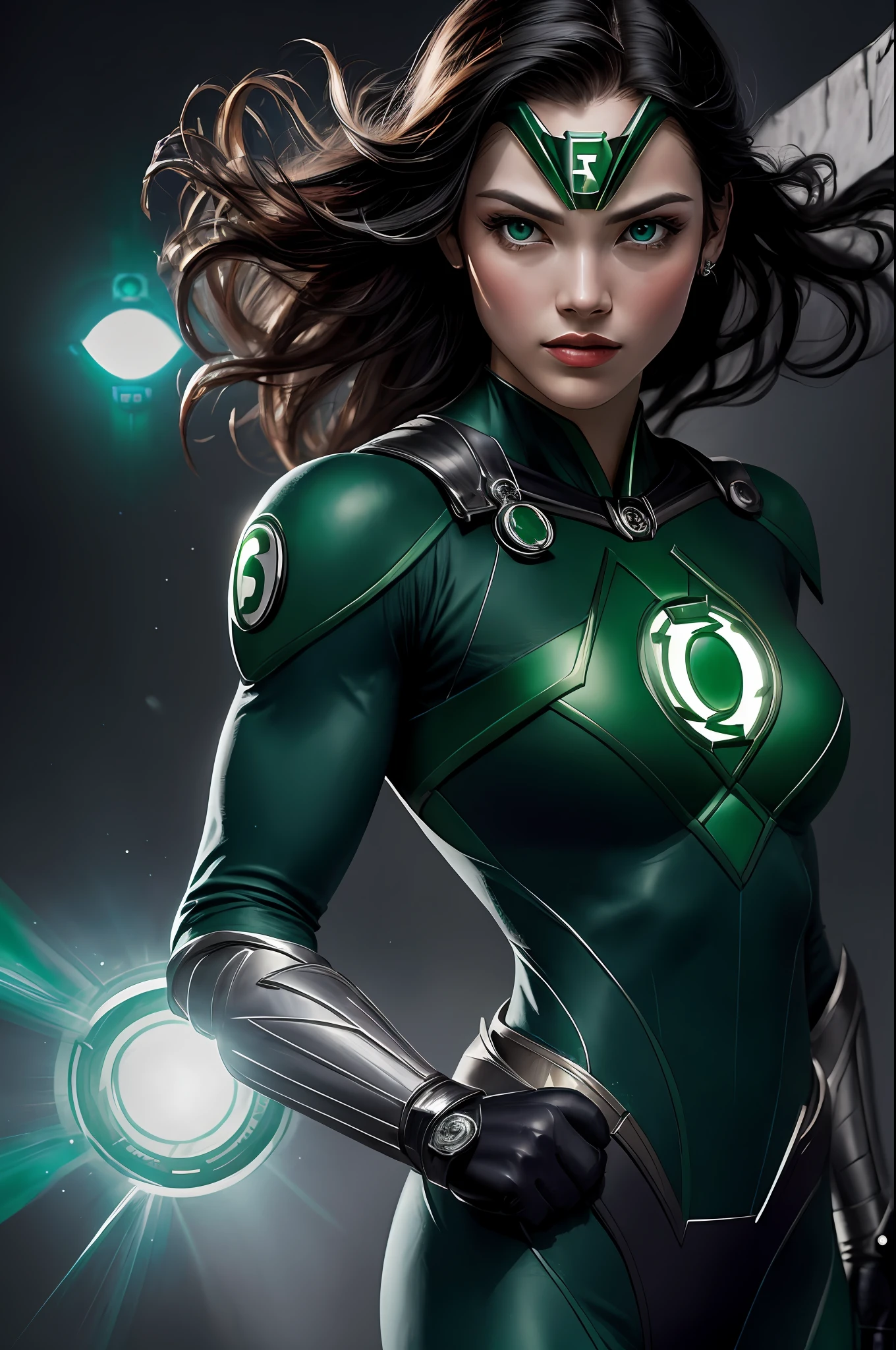 (16k, RAW photo, best quality, masterpiece: 1.2), ultra-detailed, formal art, photorealism: 1.37, upper body photo, Woman ((oriental, beauty DC Green Lantern superhero, film grain, action pose,clear eye details