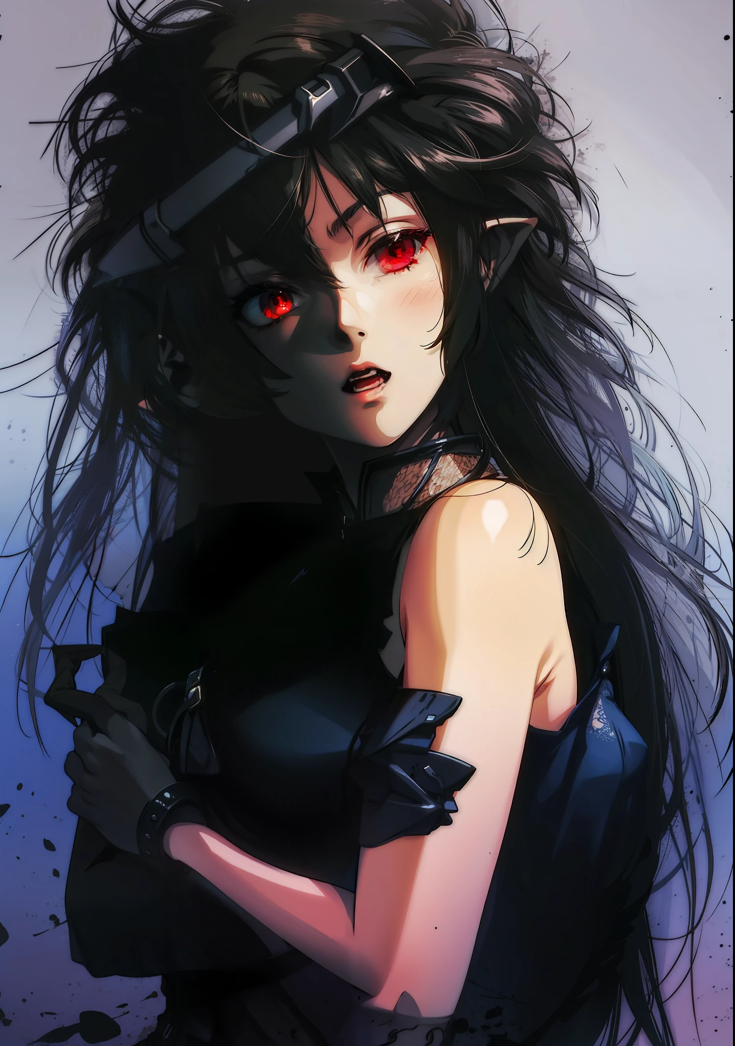 Girl,pointy ears,red eyes,dressed in armor,vampire,4k,black hair