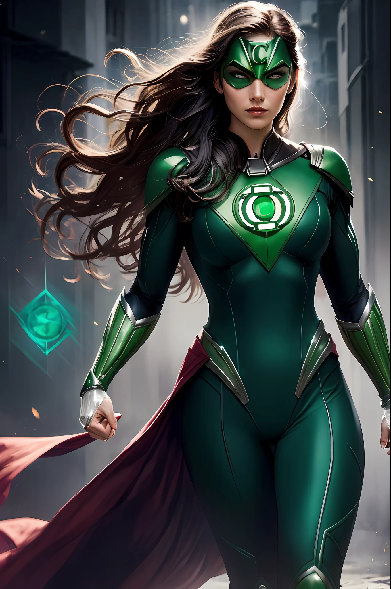 (16k, RAW photo, best quality, masterpiece: 1.2), ultra-detailed, formal art, photorealism: 1.37, upper body photo, Woman ((oriental, beauty DC Green Lantern superhero, film grain, action pose,clear eye details