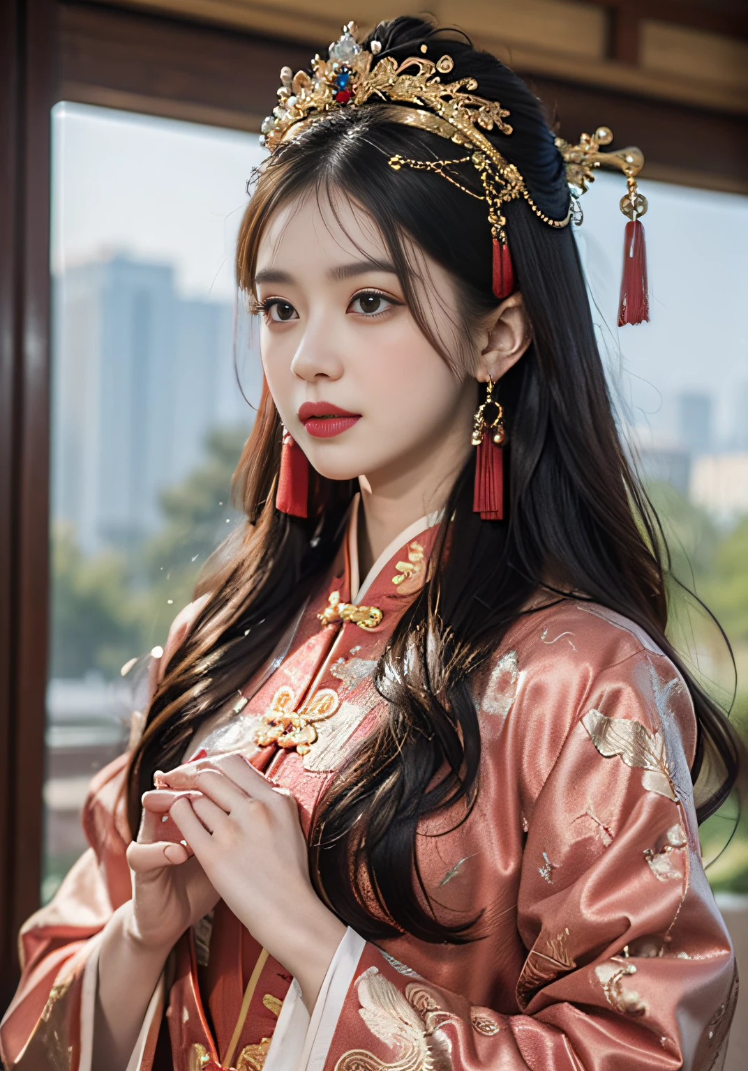 (Ultra-realistic 8k CG: 1.2), perfect artwork, delicate patterns, intricate details, (unparalleled masterpiece, best quality: 1.2), (extremely complex: 1.2), a woman in a sky blue and gold Chinese style long dress, phoenix crown, hair stick, blush, shyness, black_hair, (forehead point), curtains, earrings, hanfu, jewelry, red nails, red lips, tassels, (Red Palace: 1.2), (ancient Chinese architecture)