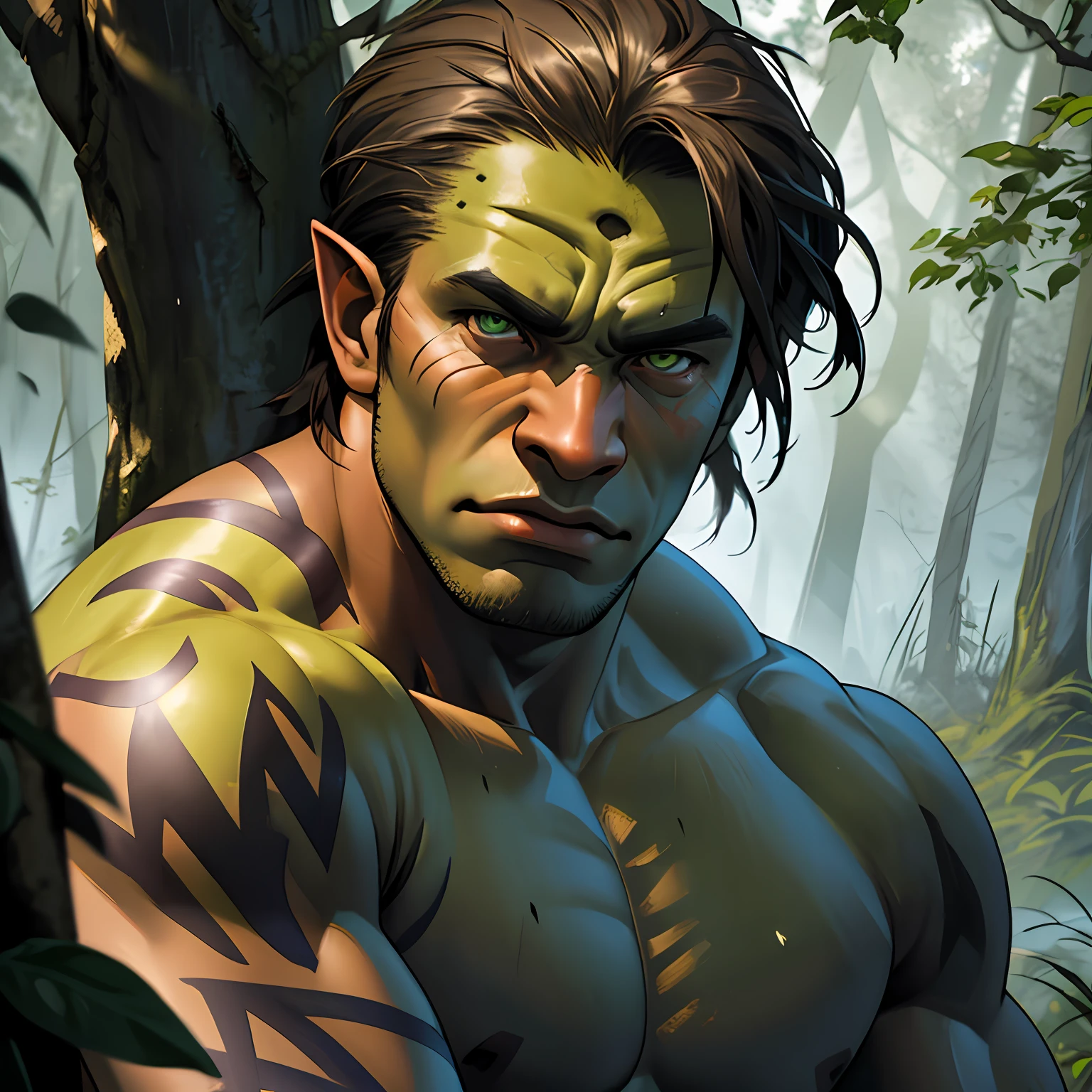 Envision a portrait of a muscular, half-naked orc, his green skin taut over bulging muscles, veins prominent, a testament to his raw strength. His weapons are drawn. Tribal tattoos on his face, arms and chest. His eyes are fierce, a look of determination on his face. The background is a war torn battlefield with a dark storm looming overhead. The sunlight barely filters through the thick clouds casting dappled shadows on the orc and the ground around him. Render this scene in a matte painting or concept art style, focusing on the orc's powerful physique and the serene forest setting. Use a Canon EOS 5D Mark IV DSLR camera with an EF 85mm f/1.8 USM lens to capture this scene. The resolution should be 30.4 megapixels, with an ISO sensitivity of 100 to maintain the natural lighting. The shutter speed should be set to 1/125 to capture the stillness of the scene. The image should be rendered in photo hyper-realism, highly detailed, and high-resolution 16k. --ar 16:9 --v 5.1 --style raw --q 2 --s 750