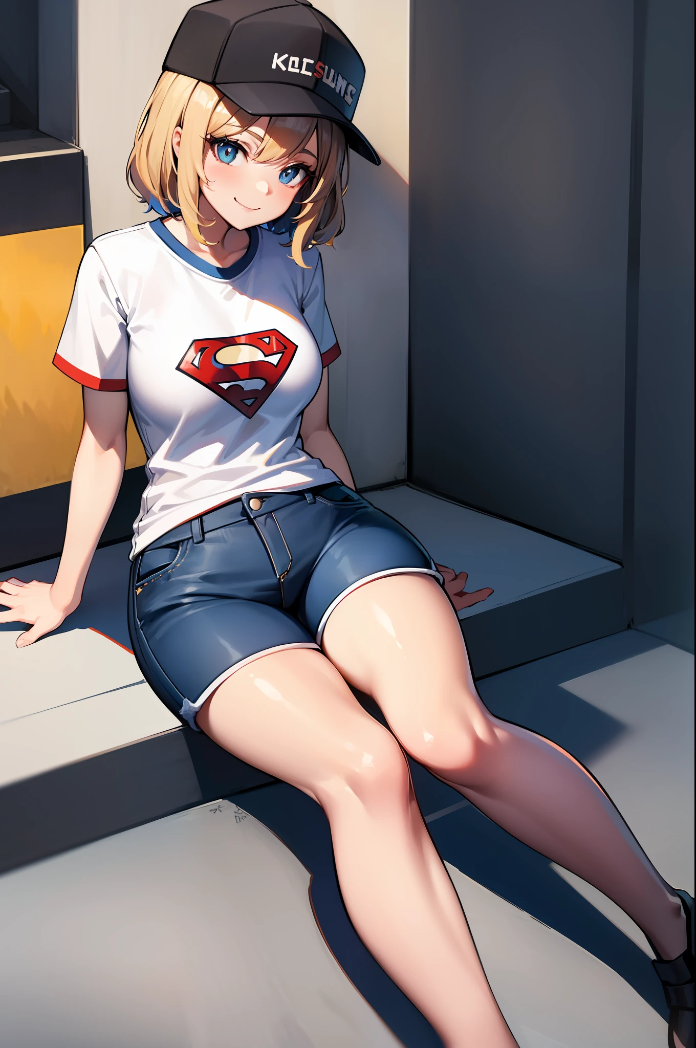masterpiece, best quality, absurdists, perfect anatomy, 1girl, solo, Kjera, short blonde hair, hair flaps, baseball cap, graphic t-shirt with superman letter S on chest, jean shorts, pantyhose under shorts, sit, stairs, outdoor, city, dutch angle, smile