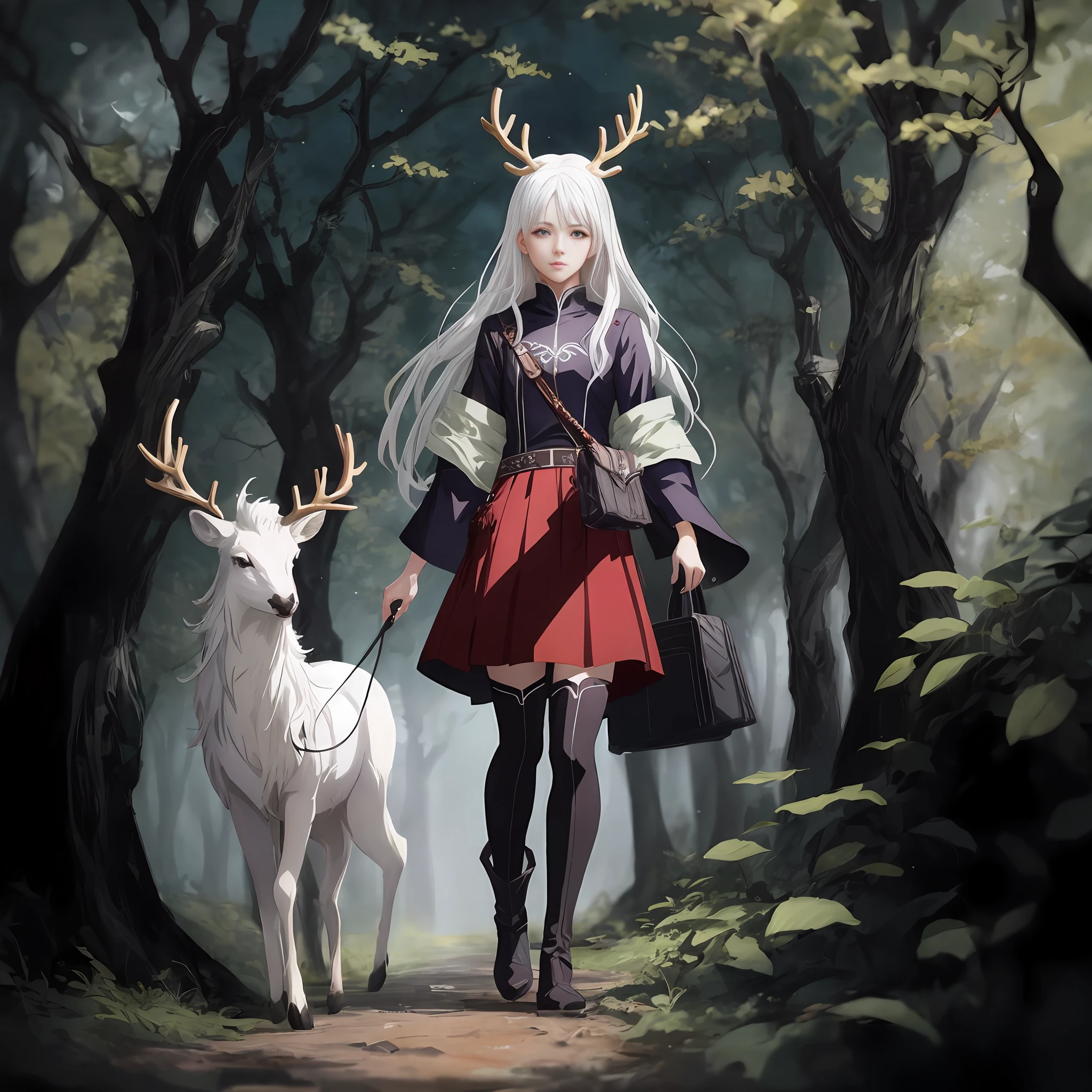 anime girl with white hair and white hair walking in the woods with deers, trending on artstation pixiv, guweiz on artstation pixiv, 2. 5 d cgi anime fantasy artwork, guweiz on pixiv artstation, by Yang J, trending on cgstation, anime fantasy illustration, beautiful fantasy anime, anime fantasy artwork