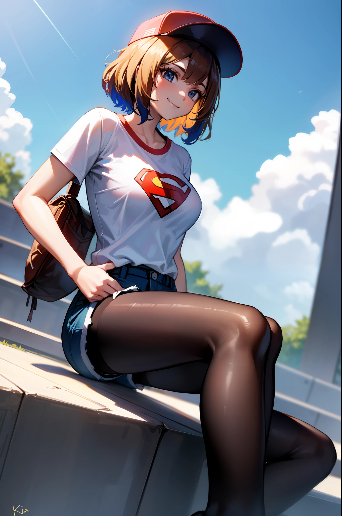 masterpiece, best quality, absurdists, perfect anatomy, 1girl, solo, Kjera, short blonde hair, hair flaps, baseball cap, graphic t-shirt with superman letter S on chest, jean shorts, pantyhose under shorts, sit, stairs, outdoor, city, dutch angle, smile