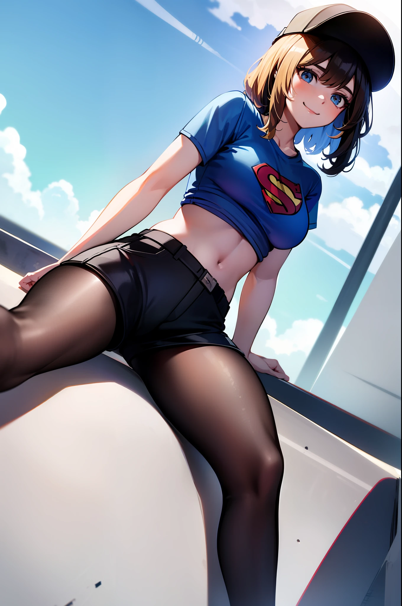 masterpiece, best quality, absurdists, perfect anatomy, 1girl, solo, Kjera, short blonde hair, hair flaps, baseball cap, graphic t-shirt with superman letter S on chest, jean shorts, pantyhose under shorts, sit, stairs, outdoor, city, dutch angle, smile