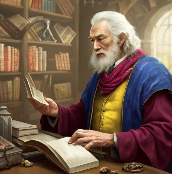 a close up of a person with a book and a hat, portrait of a wizard, wizard sits reading at a desk, amazing wallpaper, male wizard, dumbledore, wizard, wizard reading a directory, portrait of merlin, wizard casting a spell, portrait of gandalf, sad wizard, pensive wizard examining eggs, alchemist library background, portrait of a mage