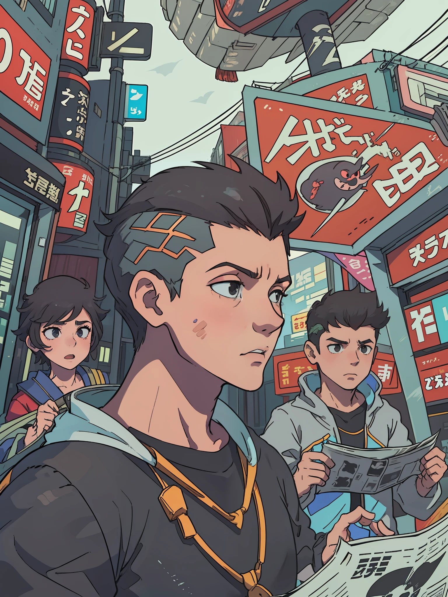 A 20-year-old boy with a Brazilian face and round chin without a beard, short gradient hair, crop haircut, black eyes, no pimples on his face and a black T-shirt with Japanese print written tokyo drift. It's with a friend and a 20-year-old adult girl and it's hunting monsters and holding a futuristic newspaper and walking the streets full of buildings on Tokyo's city boulevard, it's in a cyberpunk style setting, 4k, 2d anime