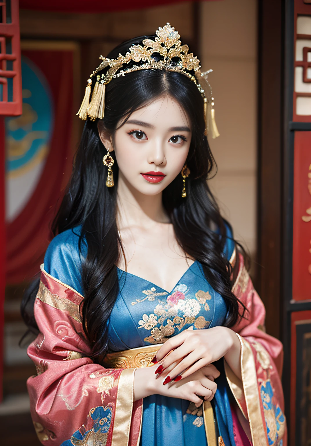 (Ultra-realistic 8k CG: 1.2), perfect artwork, delicate patterns, intricate details, (unparalleled masterpiece, best quality: 1.2), (extremely complex: 1.2), a woman in a blue and gold Chinese style long dress, phoenix crown, hair stick, blush, shyness, black_hair, (forehead point), curtains, earrings, hanfu, jewelry, red nails, red lips, tassels, (Red Palace: 1.2), (ancient Chinese architecture)