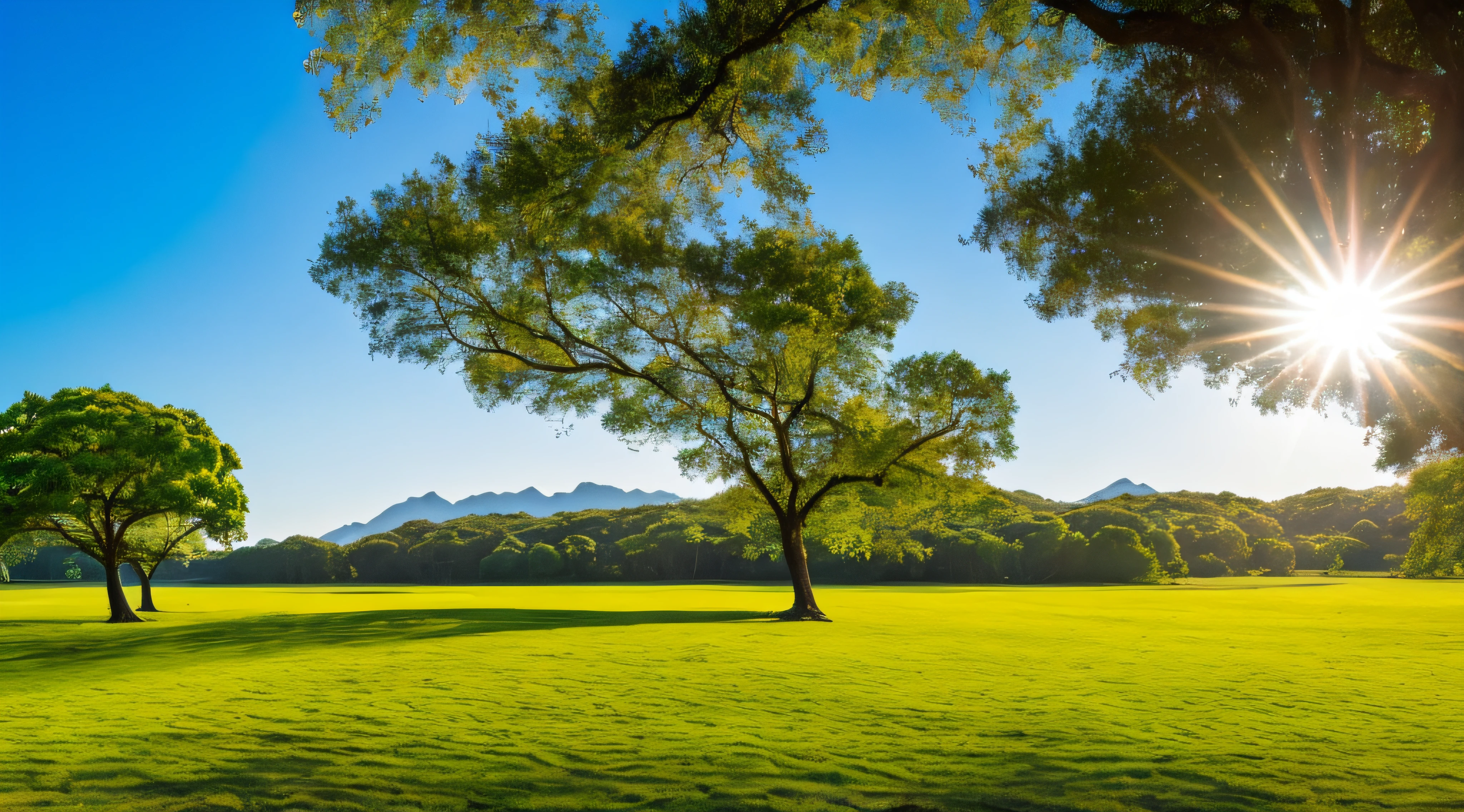 Sunlight shining through the slightly open blinds from the window and a bright blue sky. In the calm atmosphere, the sky is often filled with small white clouds slowly moving. Beneath it is a large green field, with healthy, lush green grass and colorful flowers in beautiful patterns. When you enter, you will find a variety of trees. The shade of the tall trees rests gracefully on the ground, and the leaves gently sway as the wind whipples. Through the trees, small animals make their way and there is a commendable view. On the distant horizon, distant mountains are shadowed by green, turquoise, and withering blue. In front of it stretches a small cozy lake, and the sparkling waves as the sun shines on the lake create a fantastic sight. --auto