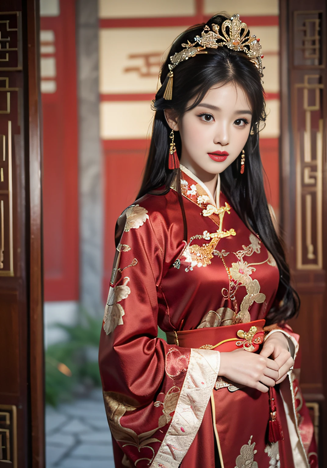 (Ultra-realistic 8k CG: 1.2), perfect artwork, delicate patterns, intricate details, (unparalleled masterpiece, best quality: 1.2), (extremely complex: 1.2), a woman in a red and gold Chinese style long dress, phoenix crown, hair stick, blush, shyness, black_hair, (forehead point), curtains, earrings, hanfu, jewelry, red nails, red lips, tassels, (red quilt), (Red Palace: 1.2), (Ancient Chinese Architecture), (Red: 1.8), Night