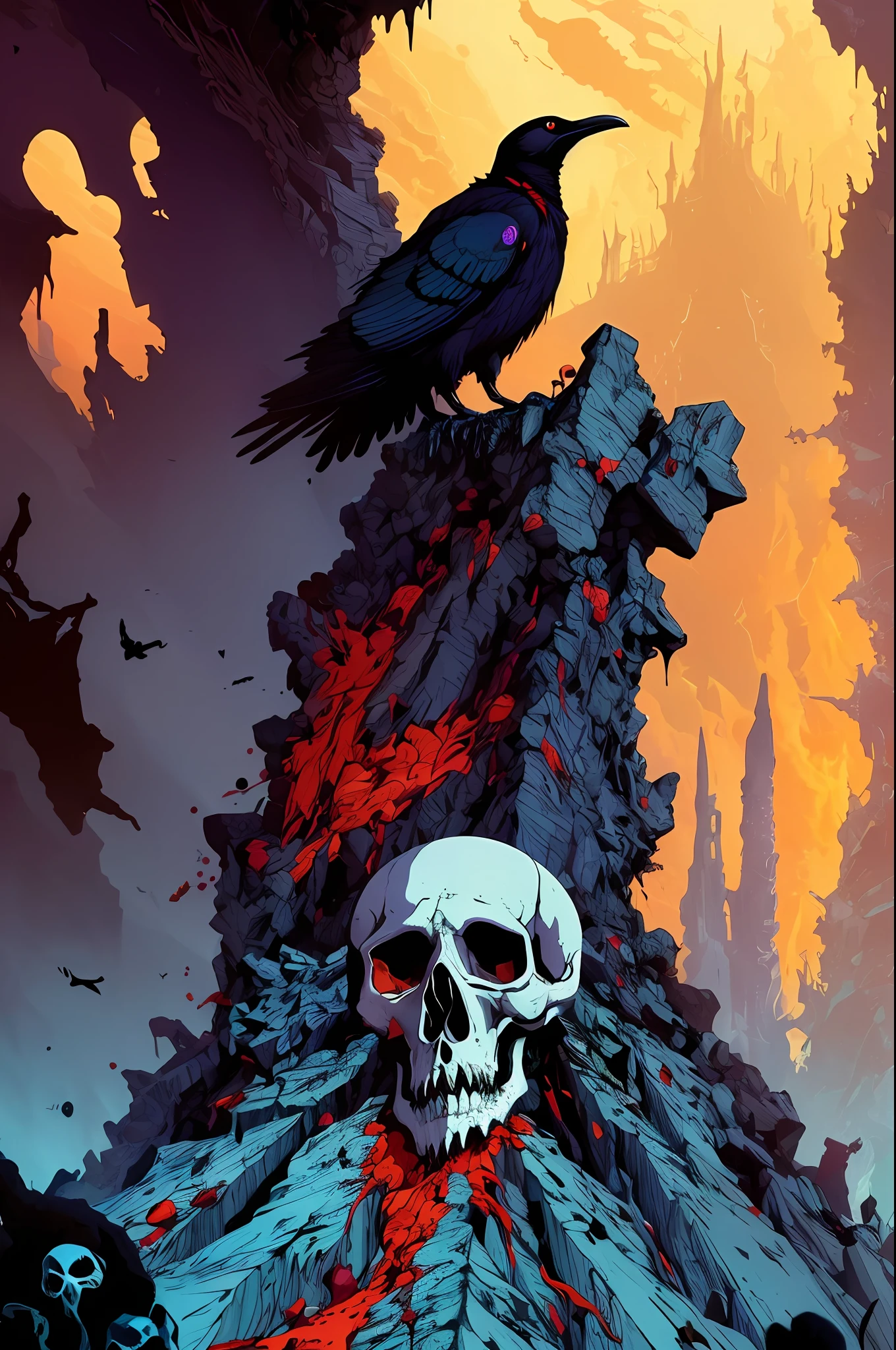 Raven on top of skull with cracks , war, horror, cosmic terror, dark tones, morbid atmosphere, nuclear disaster, dystopia, nightmare, blood, Apocalypse, Lovecraft, Anime by Kilian Eng