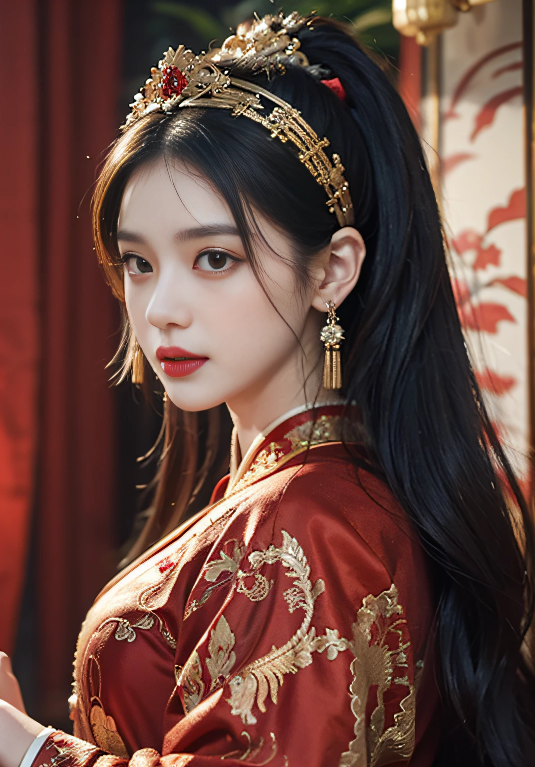 (Ultra-realistic 8k CG: 1.2), perfect artwork, delicate patterns, intricate details, (unparalleled masterpiece, best quality: 1.2), (extremely complex: 1.2), a woman in a red and gold Chinese style long dress, phoenix crown, hair stick, blush, shyness, black_hair, (forehead point), curtains, earrings, hanfu, jewelry, red nails, red lips, tassels, (red quilt), (Red Palace: 1.2), (Ancient Chinese Architecture), (Red: 1.8), Night
