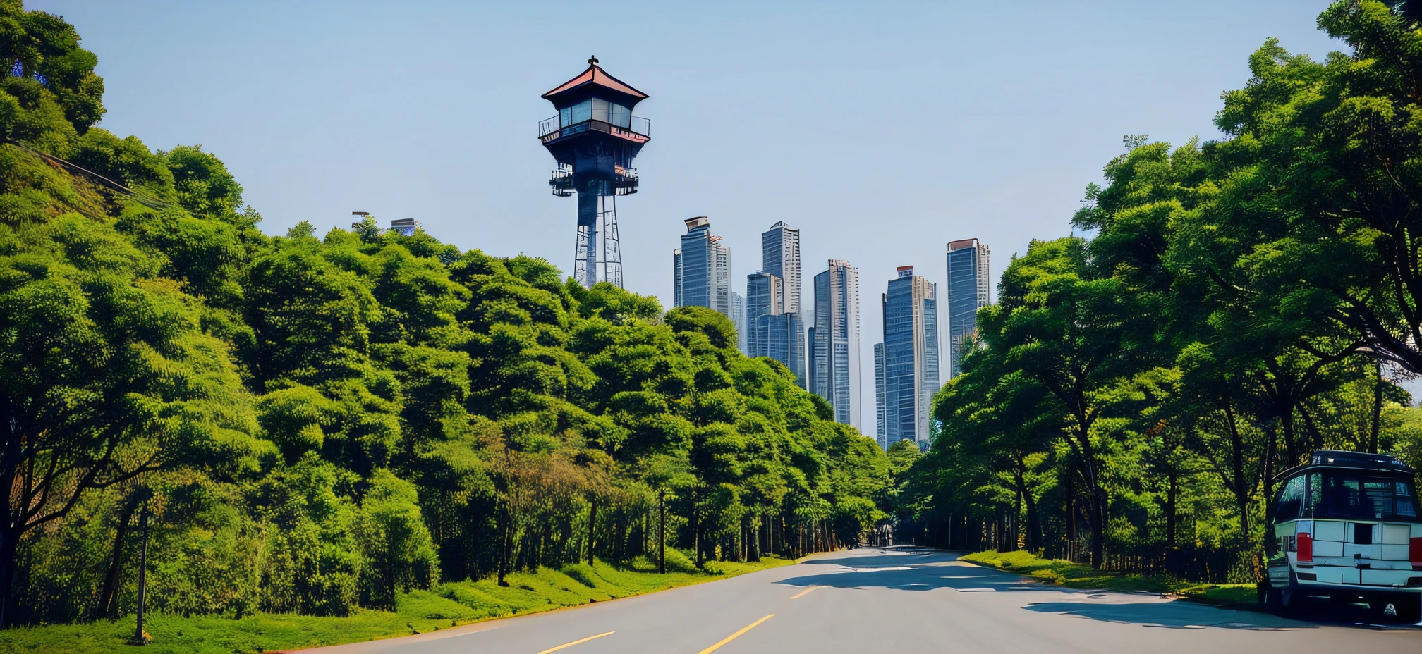 trees line the road in front of a tall tower, tower, watch tower, lookout tower, from the distance, view from the distance, sangyeob park, 155 cm tall, viewed from the ground, surrounding the city, view from the ground, 165 cm tall, view from a distance, the photo was taken from afar, viewed from a distance