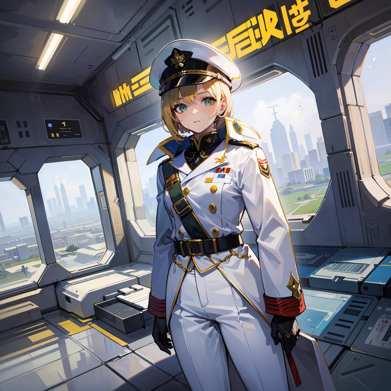 ((Masterpiece)), ((Highest Image Quality)), ((Best Quality)), (Illustration of One Girl), Full Body, 25 Years Old, (Neutral), Blonde, ((Short Hair)), ((Short Neckline)), Green Eyes, (Flat)), Small, (((Tall)), ((Muscular Strong Body)), (Army Uniform)), (Military Hat)), (Army Coat)), (White Clothes), (White Pants), (White Hat), Trench Coat, (( Inside the spaceship)), (outside the window, space, Earth seen from space, spaceport)