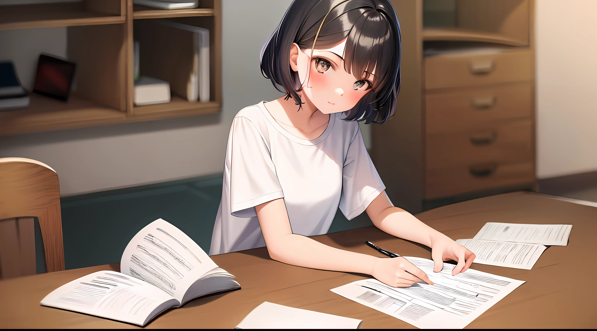 masterpiece, Best quality, High resolution, 1 girl, loose t-shirt, Girl sitting on chair studying drafting at desk, horizontal angle, Studying seriously, Paperwork, Good luck studying, drafting, cute, 18 years old, short hair, architect