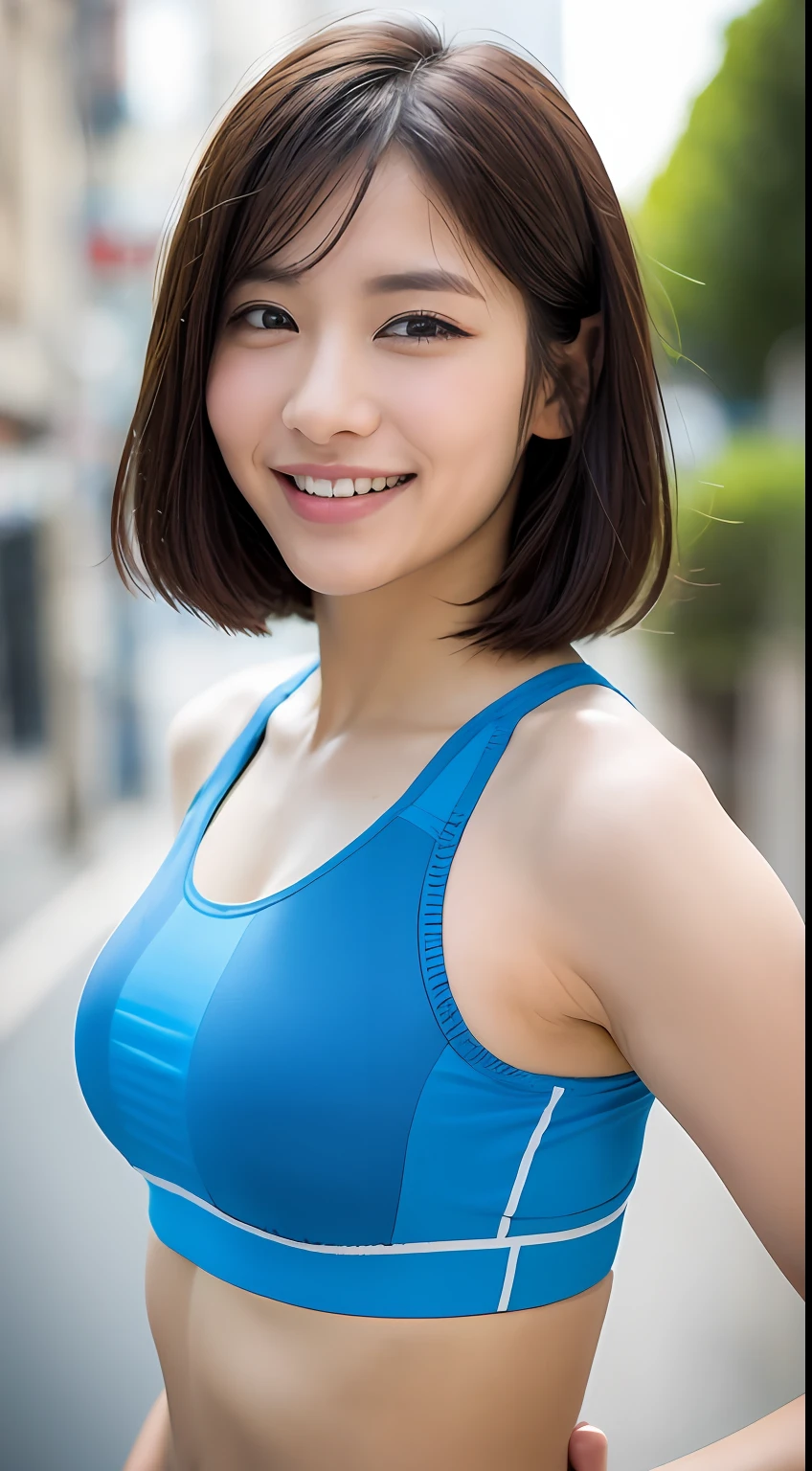 ((Top Quality, 8k, Masterpiece: 1.3)), Sharp Focus: 1.2, Perfect Body Shape Pretty Woman: 1.4, Slender Abs: 1.2, (Layered Haircut, Big: 1.8), (Sports Bra: 2.0), (Jogging: 1.8), (Street: 1.2), Highly Detailed Face and Skin Texture, Detailed Eyes, Double Eyelids, Smile, Bokeh,