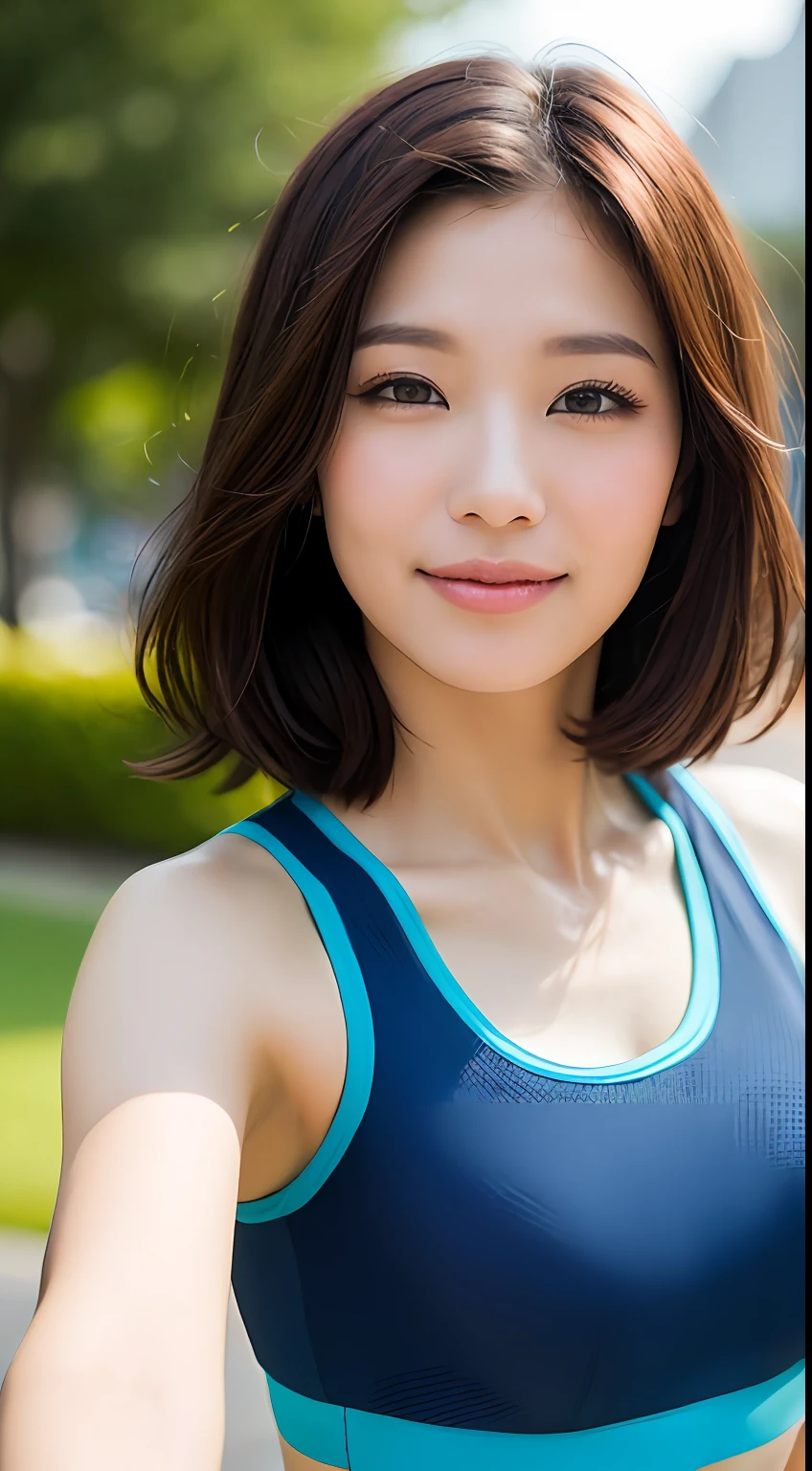 ((Top Quality, 8k, Masterpiece: 1.3)), Sharp Focus: 1.2, Perfect Body Shape Pretty Woman: 1.4, Slender Abs: 1.2, (Layered Haircut, Big: 1.8), (Sports Bra: 2.0), (Jogging: 1.8), (Street: 1.2), Highly Detailed Face and Skin Texture, Detailed Eyes, Double Eyelids, Smile, Bokeh,