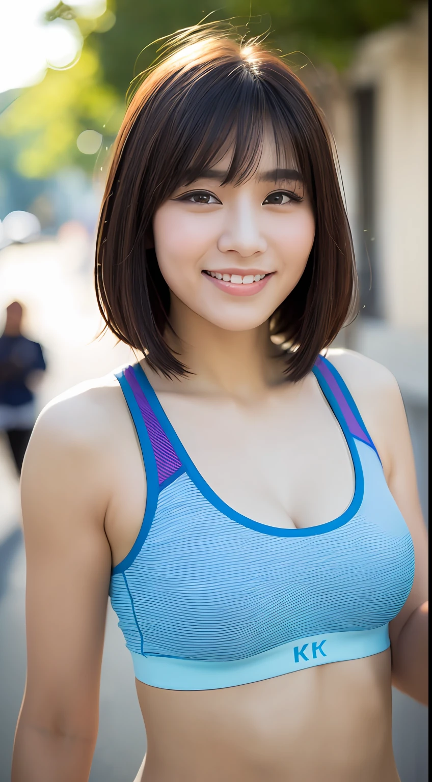 ((Top Quality, 8k, Masterpiece: 1.3)), Sharp Focus: 1.2, Perfect Body Shape Pretty Woman: 1.4, Slender Abs: 1.2, (Layered Haircut, Big: 1.8), (Sports Bra: 2.0), (Jogging: 1.8), (Street: 1.2), Highly Detailed Face and Skin Texture, Detailed Eyes, Double Eyelids, Smile, Bokeh,