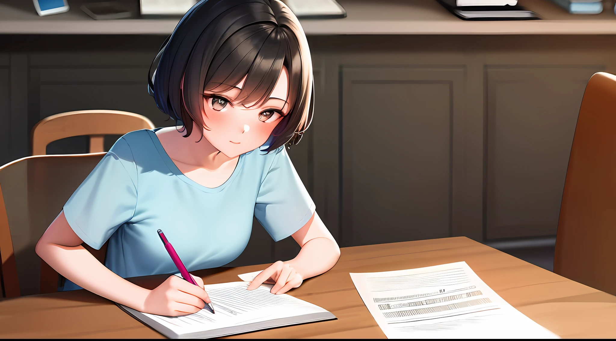 masterpiece, Best quality, High resolution, 1 girl, loose t-shirt, Girl sitting on chair studying drafting at desk, horizontal angle, Studying seriously, Paperwork, Good luck studying, drafting, cute, 18 years old, short hair, architect