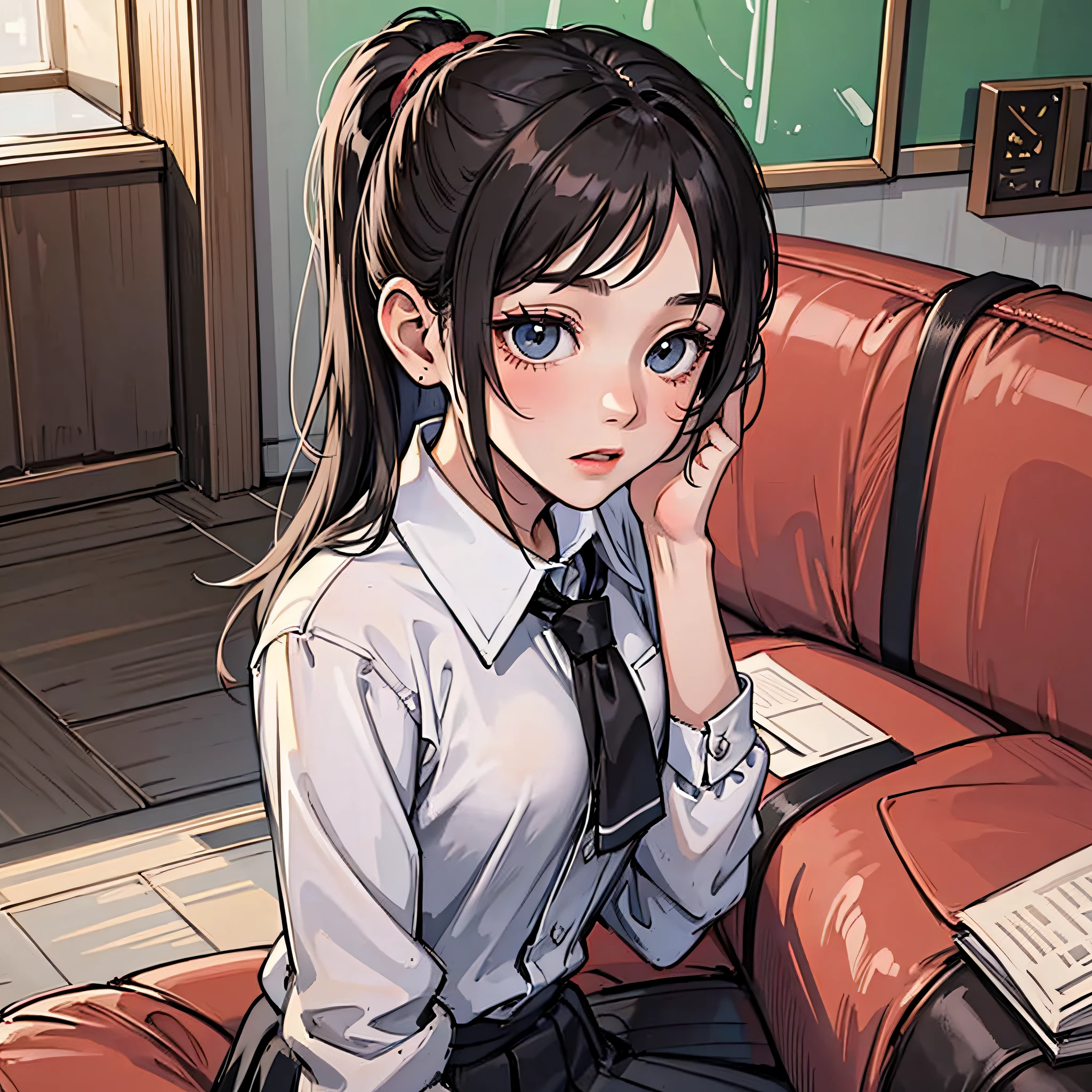 A little girl with a black ponytail, wearing a white school uniform, stood in the room, with an embarrassed expression, looking at the camera, next to the sofa