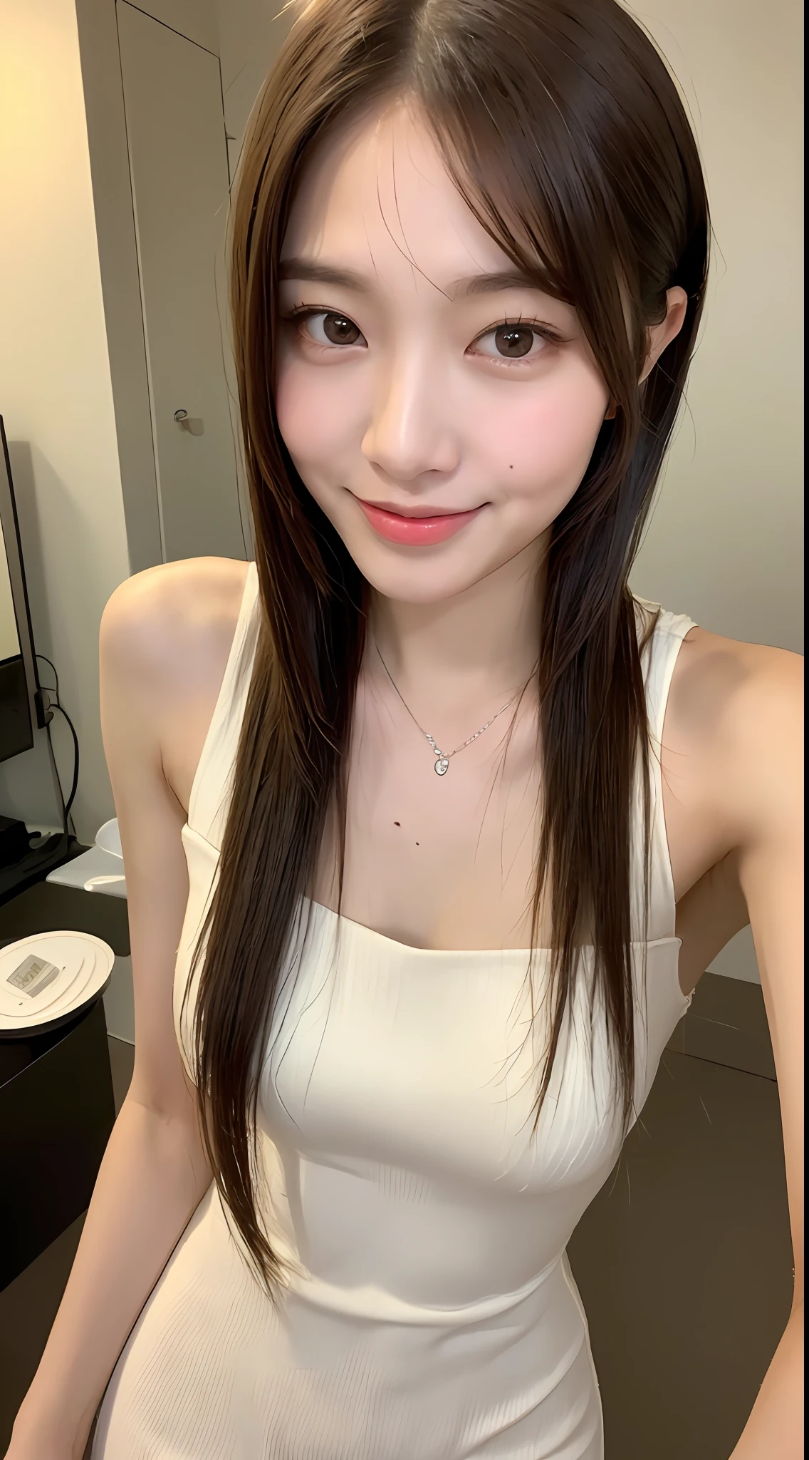 ((Best Quality, 8K, Masterpiece: 1.3)), 1 Girl, Slim Abs Beauty: 1.3, (Hairstyle Brown Hair Shortcut, Big: 1.2), Dress: 1.1, Super Slender Face, Delicate Eyes, Double Eyelids, Smile, Home, Raw Photo