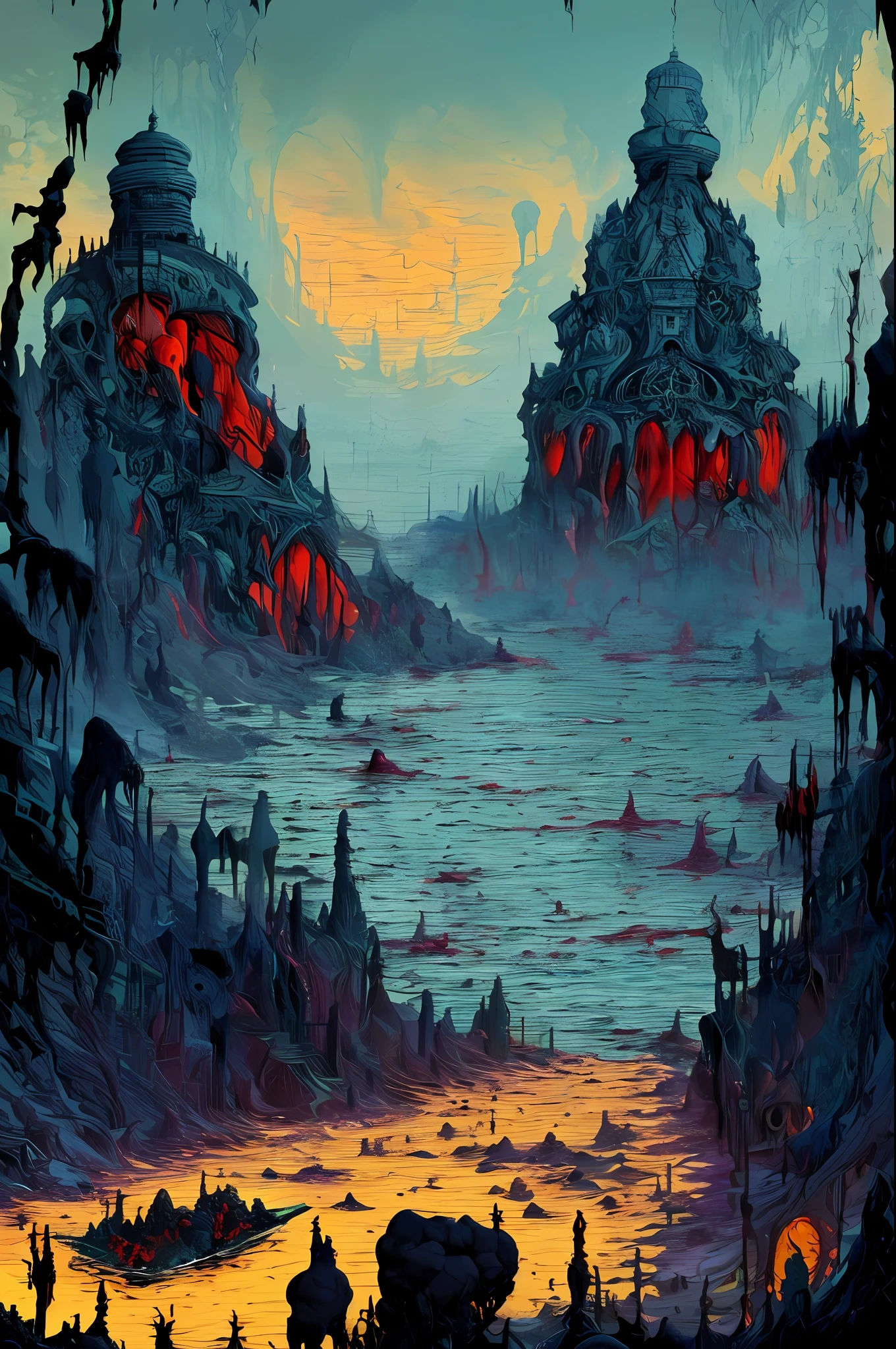 River of blood with bodies on the bank, war, horror, cosmic terror, dark tones, morbid atmosphere, , dystopia, nightmare, blood, Apocalypse, Lovecraft, Anime by Kilian Eng