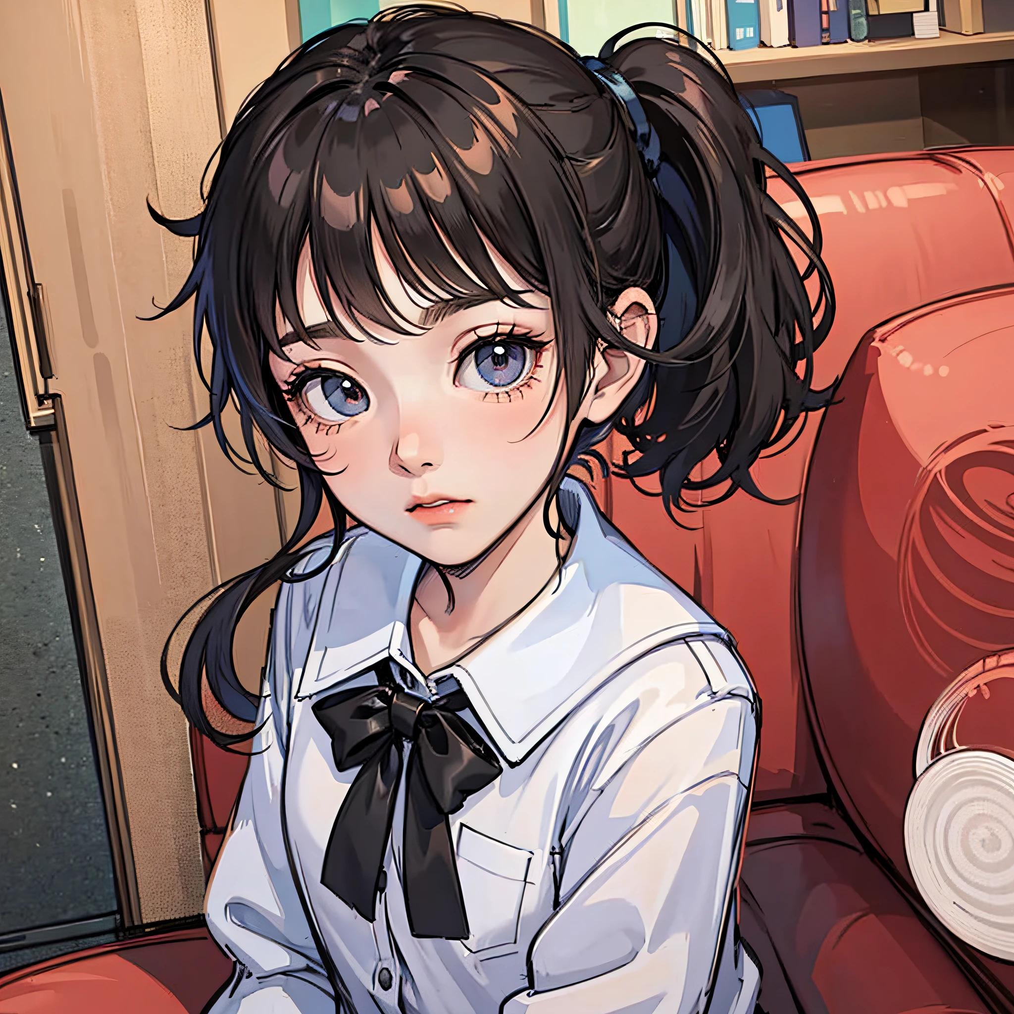 A little girl with a black ponytail, wearing a white school uniform, stood in the room, with an embarrassed expression, looking at the camera, next to the sofa