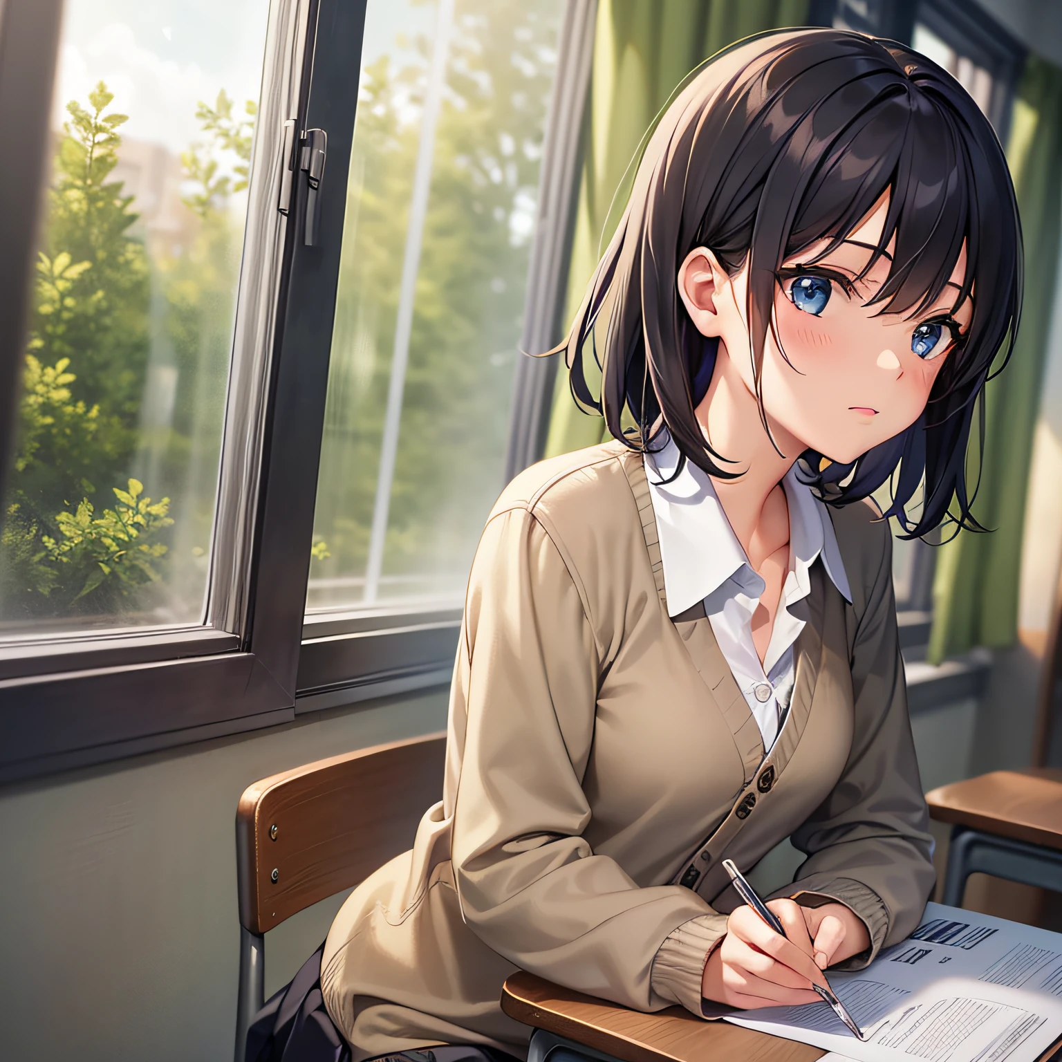 girl, classroom, uniform, black hair short, by the window, hair fluttering in the wind, sun through the trees, girl in the twilight, khaki cardigan, masterpiece, top quality, anime style, profile, in class, window on the left,