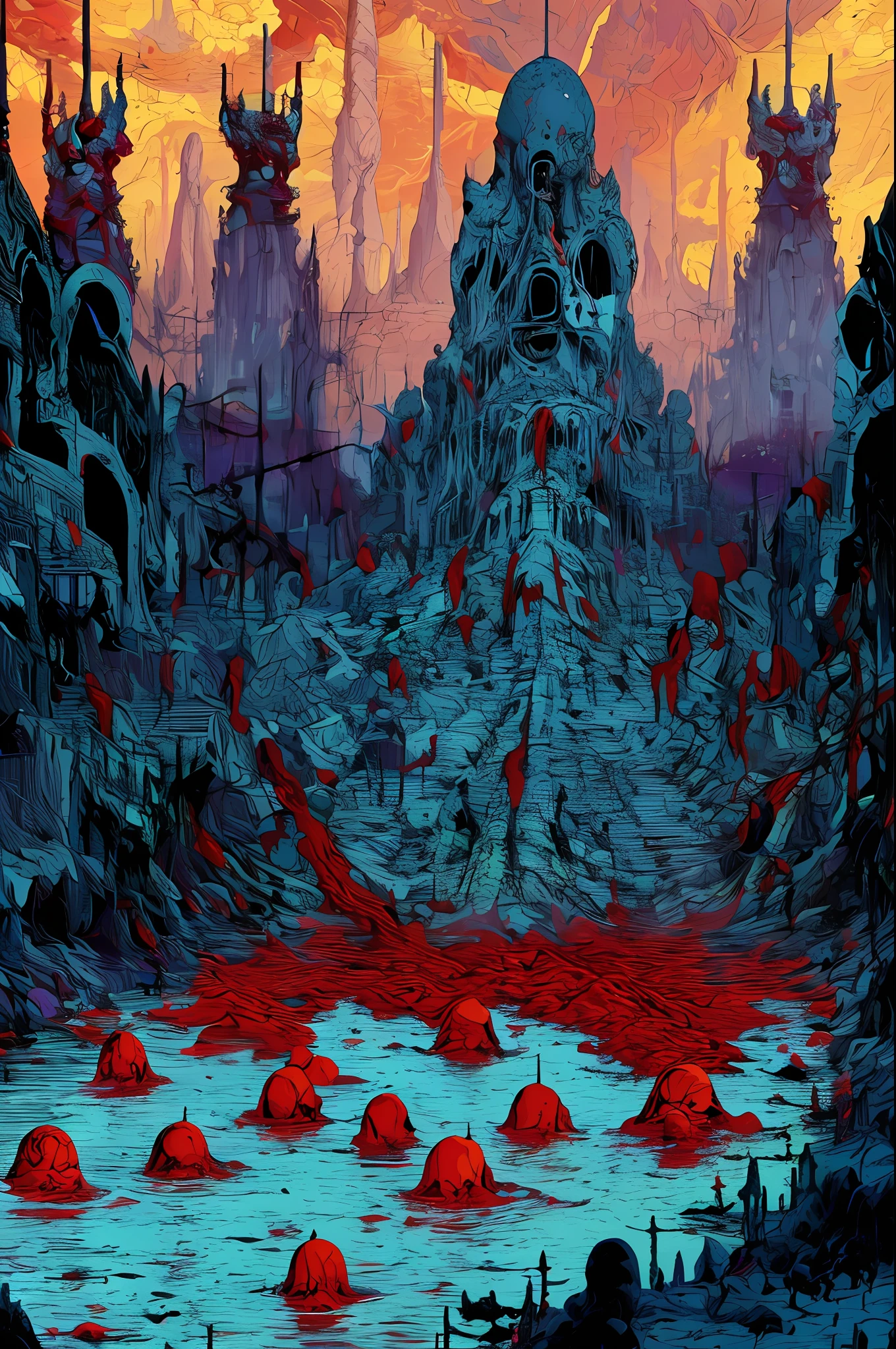 River of blood with bodies on the bank, war, horror, cosmic terror, dark tones, morbid atmosphere, , dystopia, nightmare, blood, Apocalypse, Lovecraft, Anime by Kilian Eng
