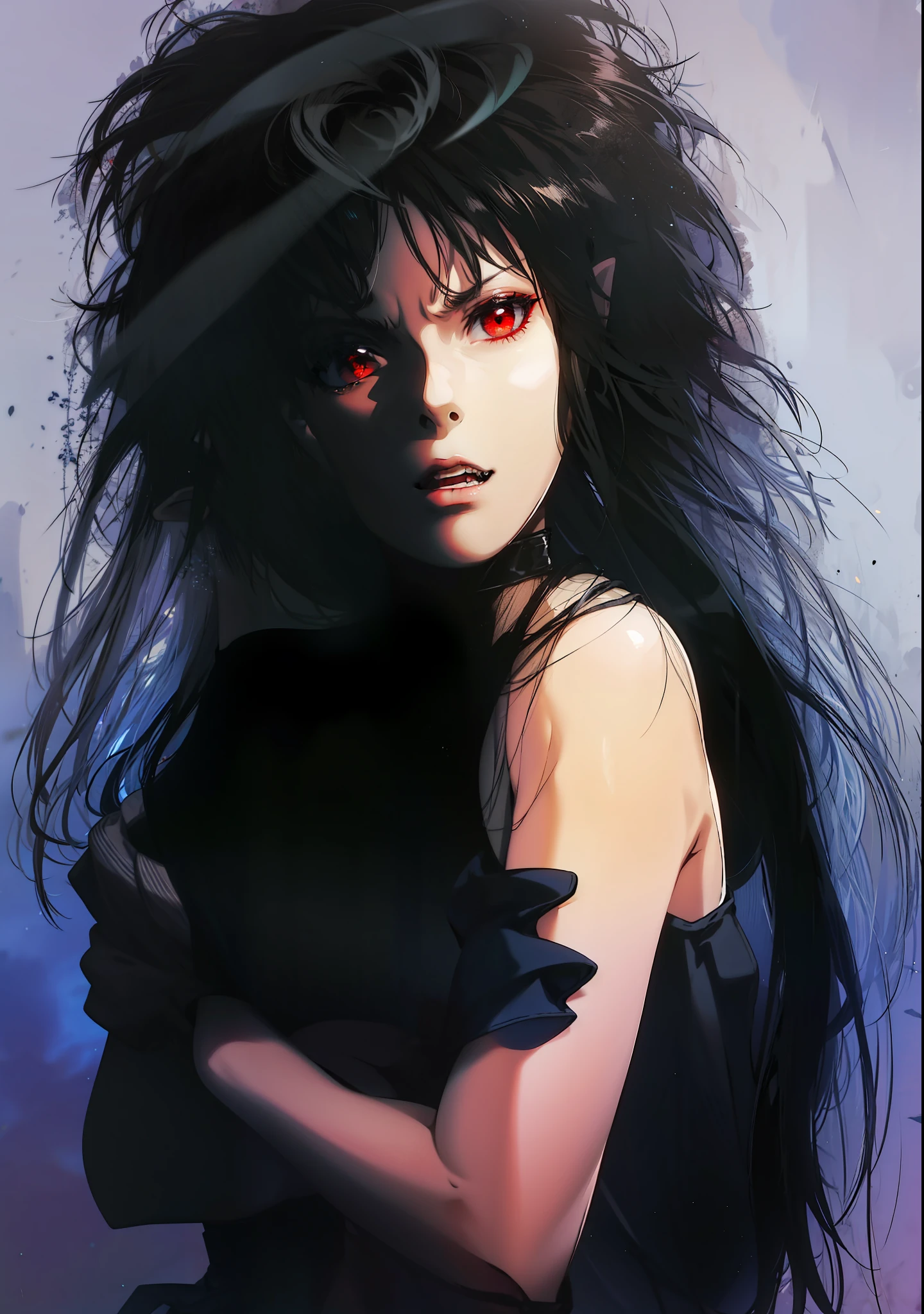 Girl,pointy ears,red eyes,dressed in armor,vampire,4k,black hair