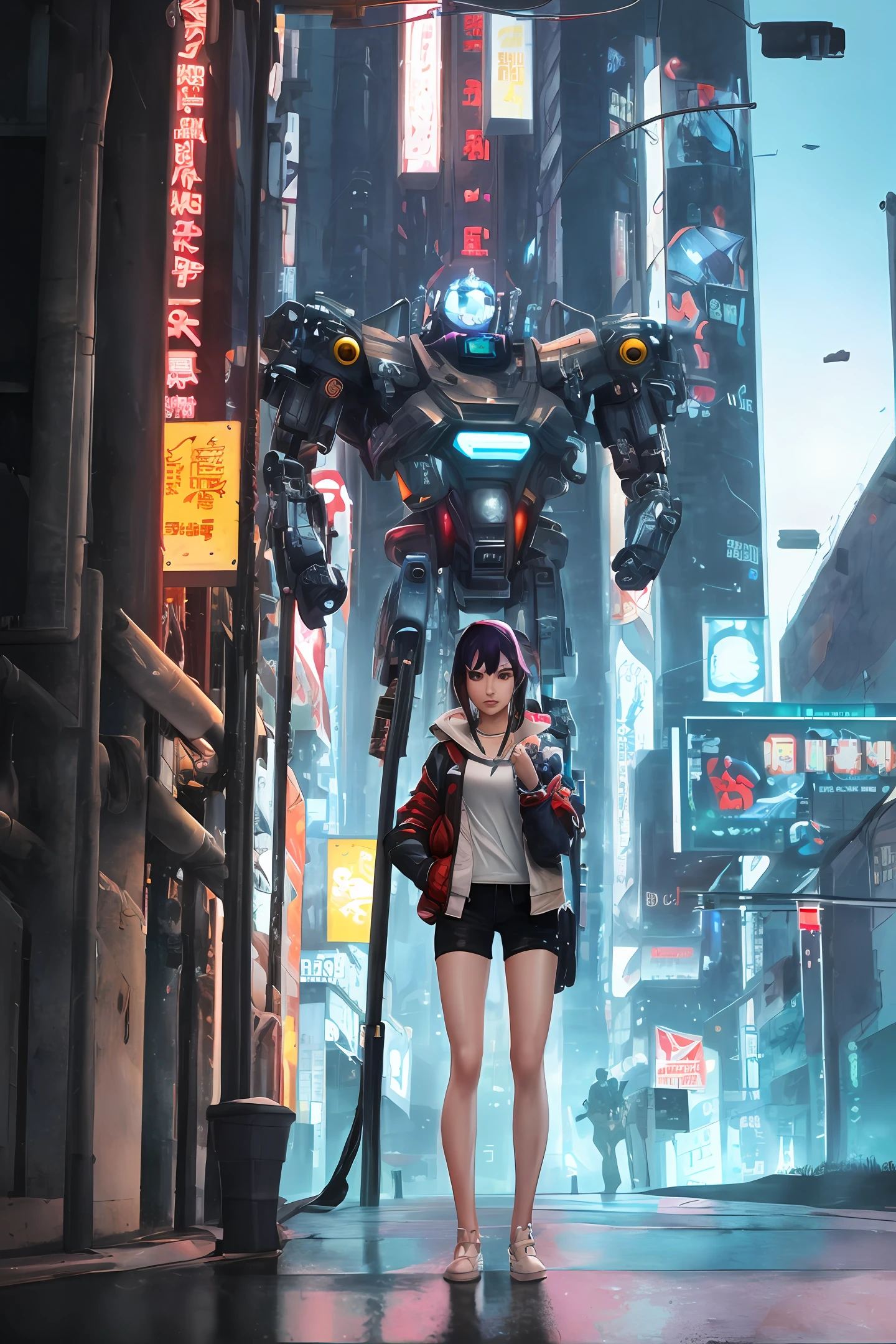 Boutique,best quality,Gold jewelry,(slip out feet),Fairy skin,(Fidelity :1.2),Standing,Super Detailed,realistic,High quality,Movie Light,Ray tracking,Ultra HD,Upper body
Girl in shorts and jacket standing next to giant robot, Guweiz style artwork, CyberPunk mech, Trends on CGSTATION, Guweiz, Russell Dongjun Lu, digital cyberpunk anime art, Ross Tran 8 K, Guweiz on ArtStation Pixiv, Girl in mecha network armor