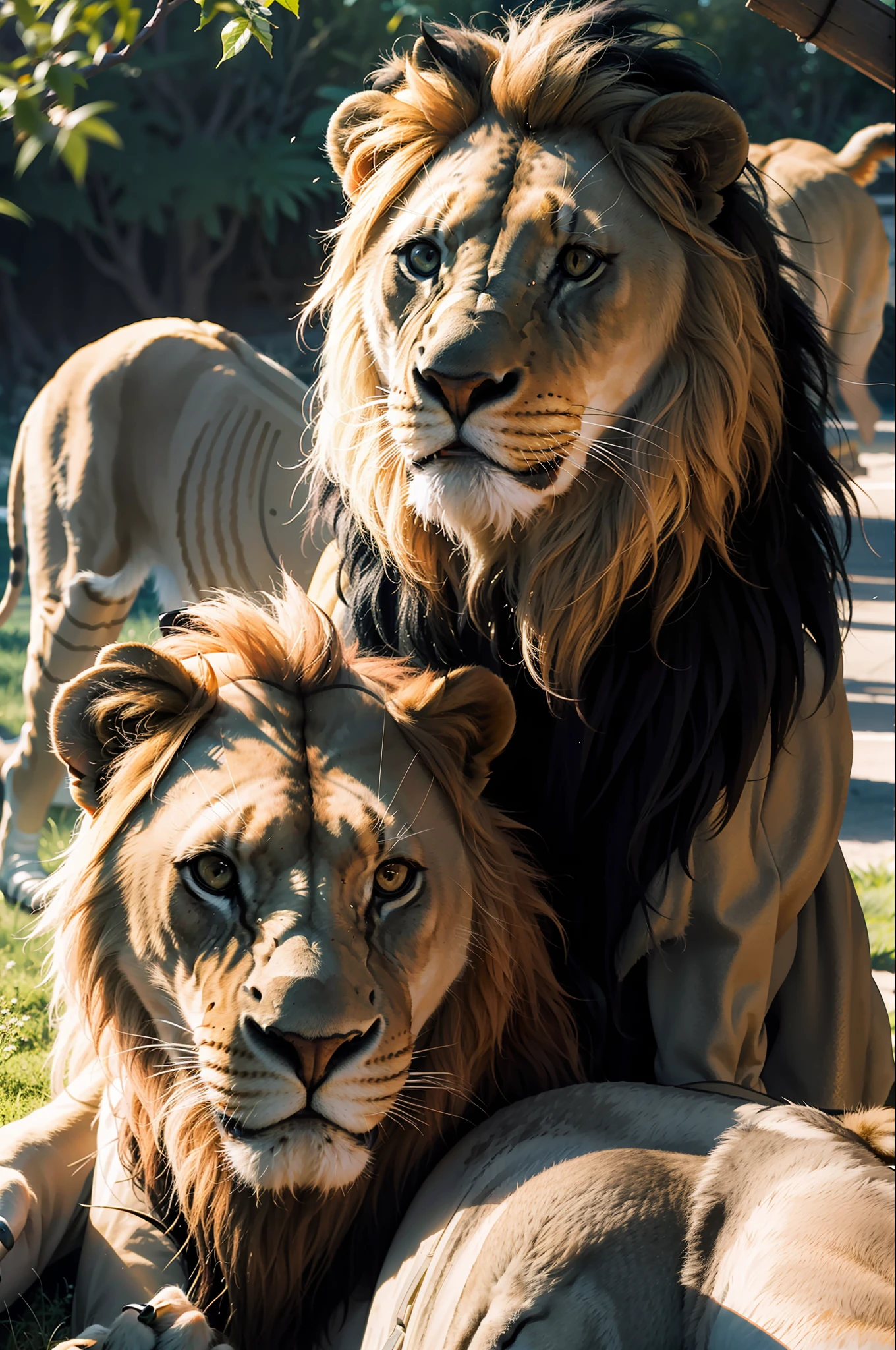 Masterpiece, best quality, make friends with lions, fun, happy, bright, lion,