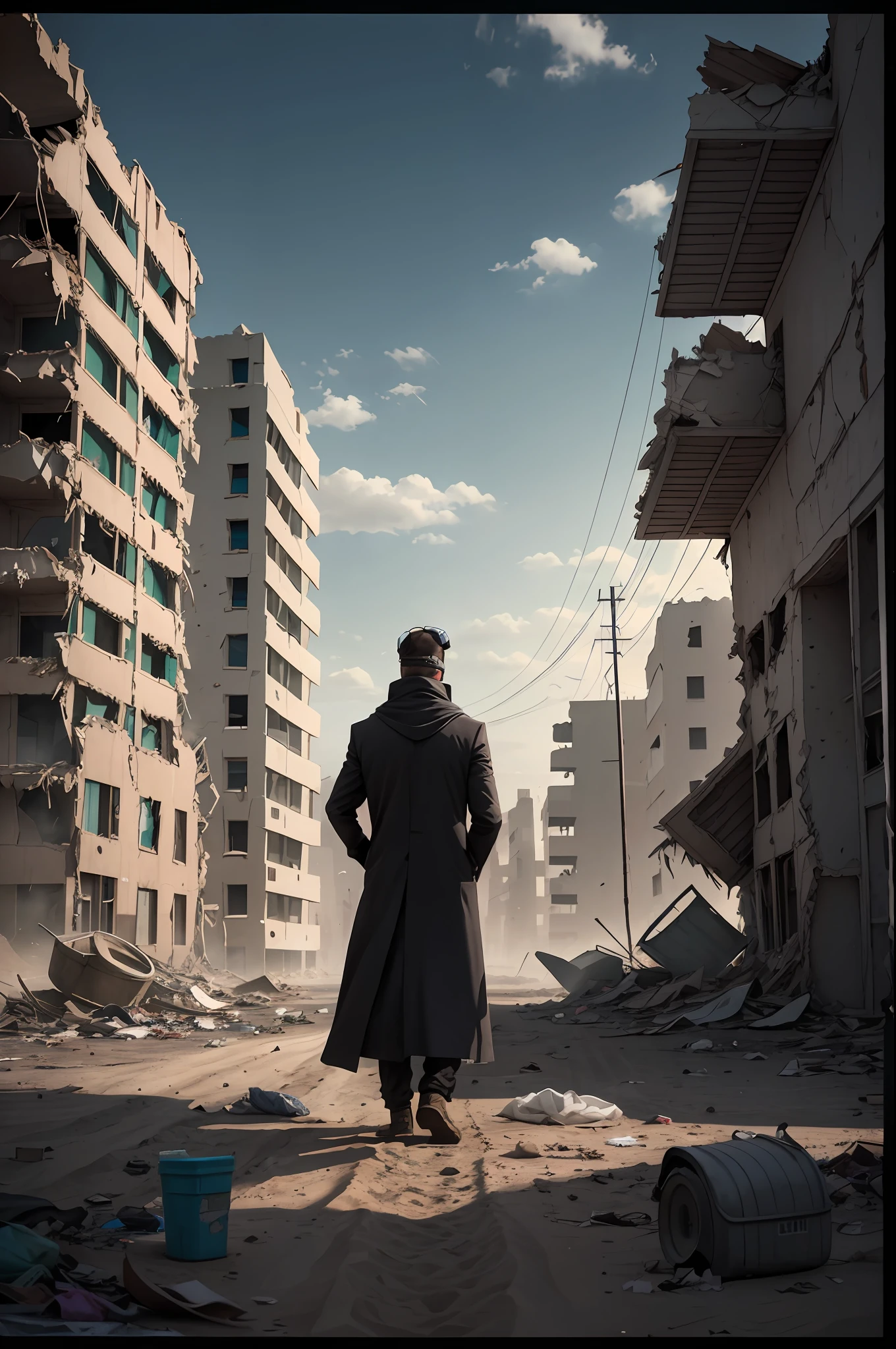 Amazing detailed photography of a prefect post apocalyptic abandoned town in Afghanistan, damaged buildings, sand covered, windy, empty town, garbage and wreckage, 1guy in a long black overcoat with a scarf and goggles standing in the center of the frame, cinematic, eerie, dusty, lonely, scary, tpmm 1.4,cinematic, drama, Cinematic light, soft light