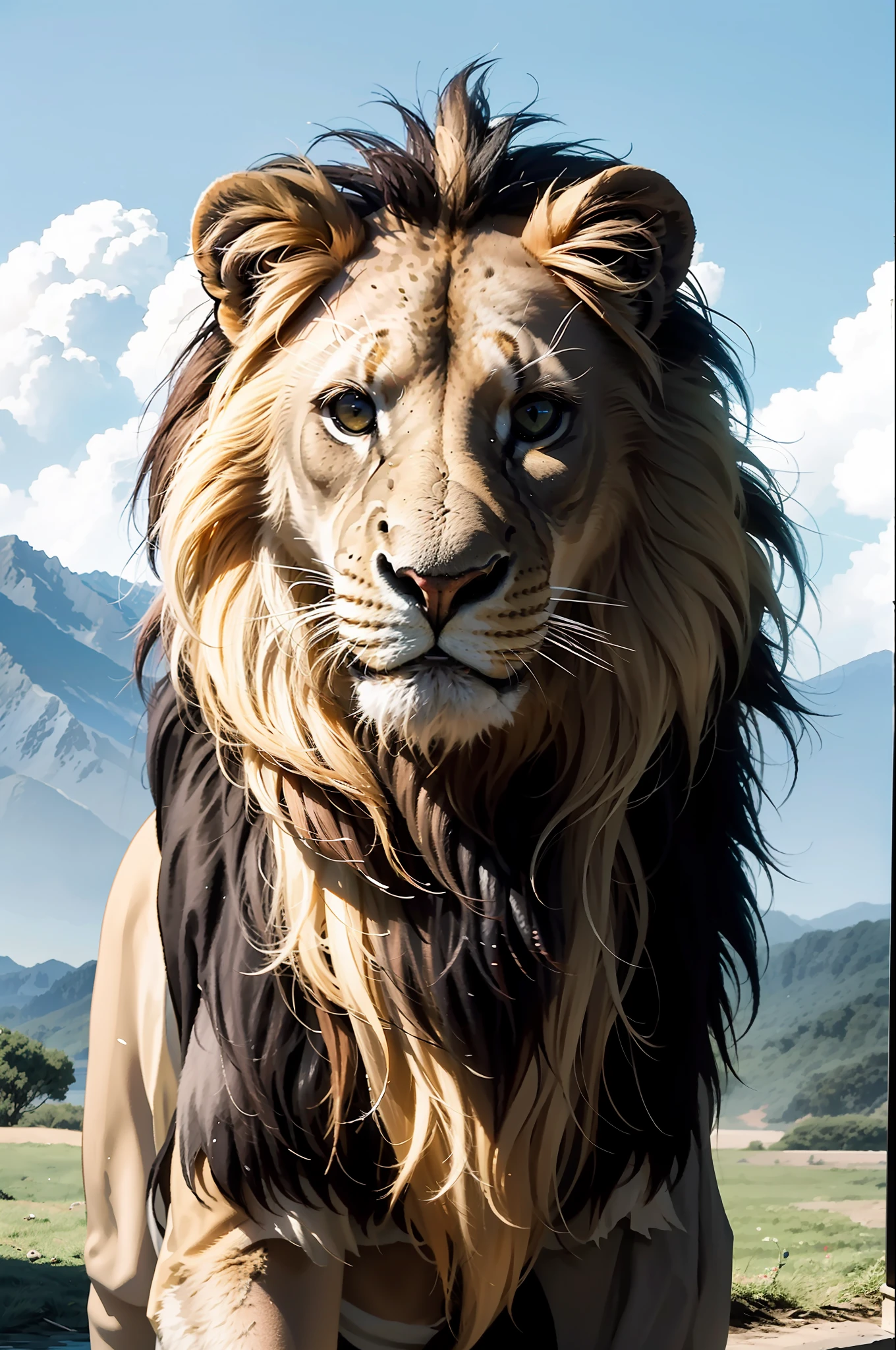 Masterpiece, best quality, make friends with lions, fun, happy, bright, lion,