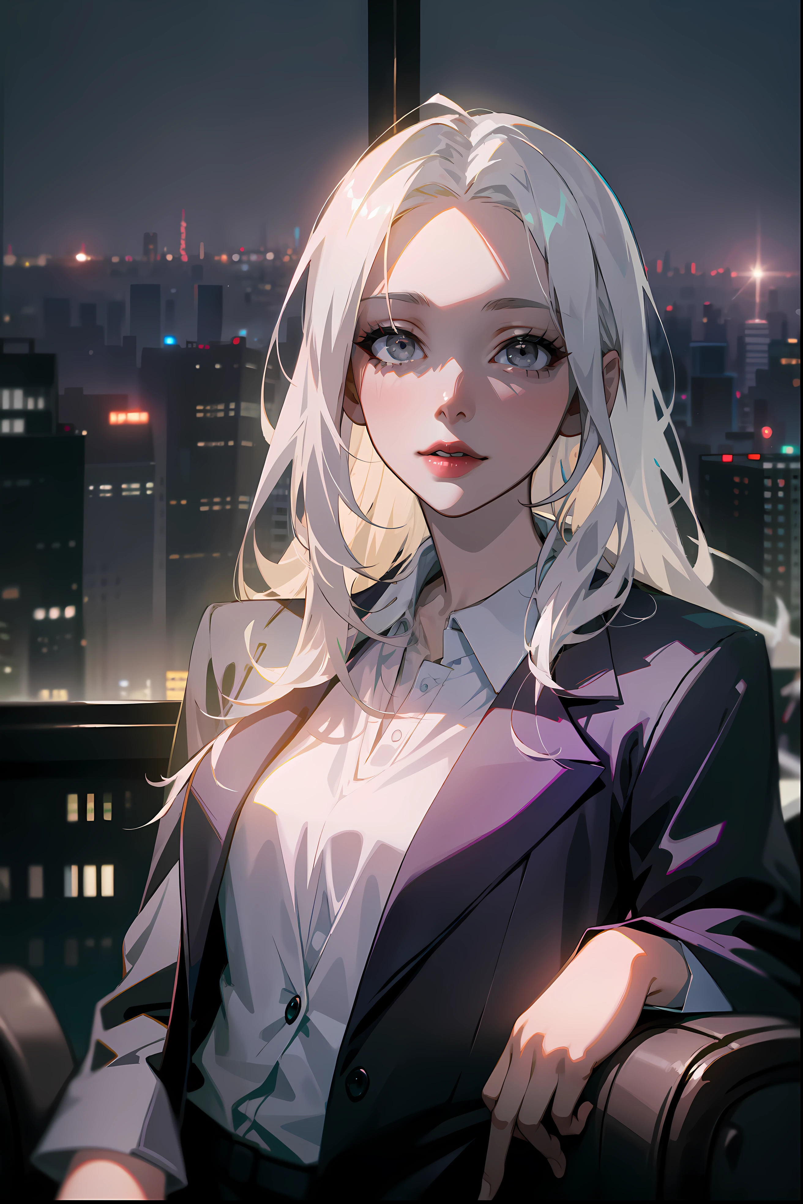 Woman wearing business outfit, formal blazer, white blouse, beautiful, masterpiece, best quality, perfect lighting, (white hair:1.2), long hair, (grey eyes:1.2), slender build, thin, medium breasts, business woman, ceo, sitting in luxurious black leather office chair, giant modern window with view of nighttime city skyline in background, close up