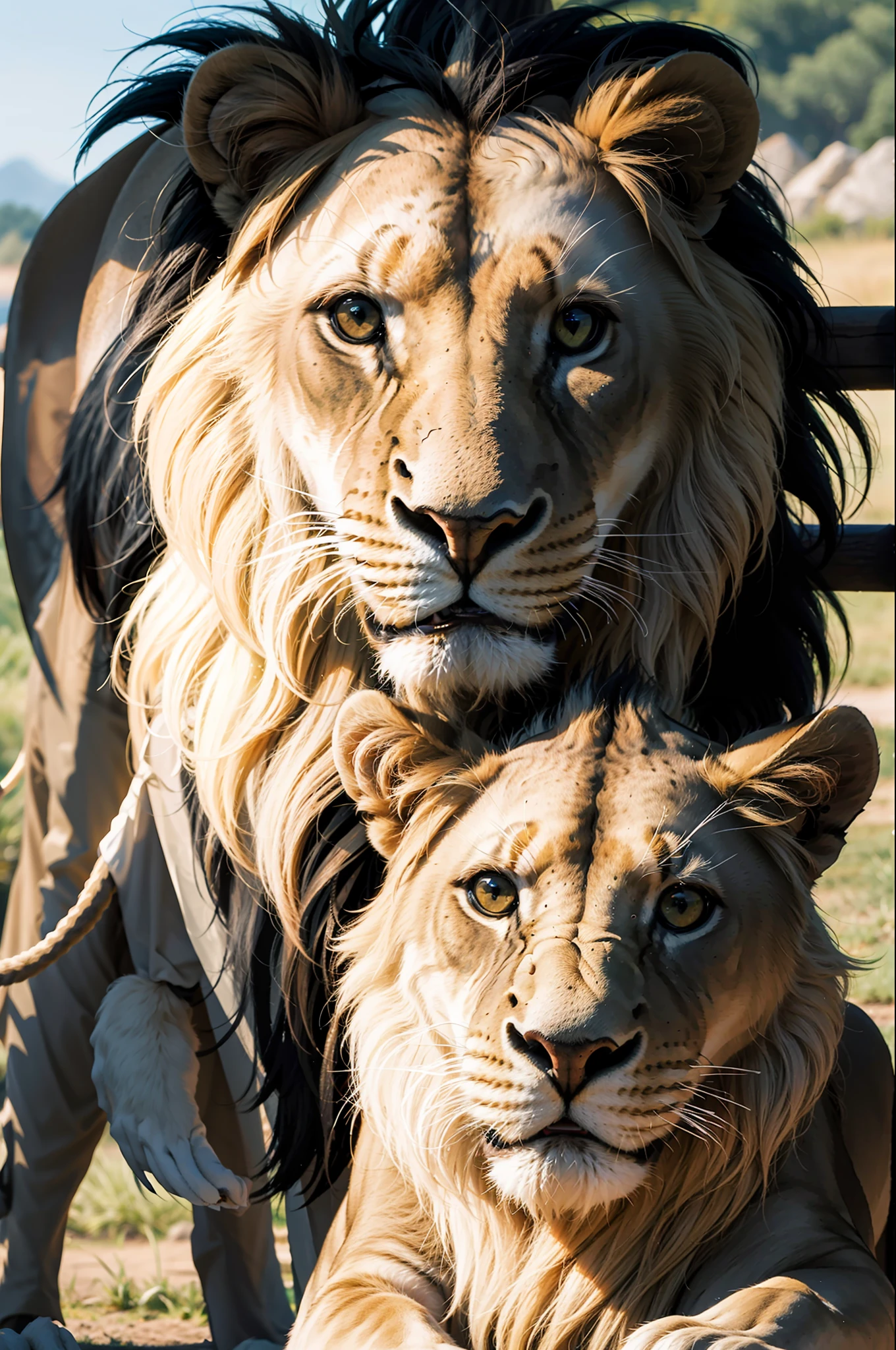Masterpiece, best quality, make friends with lions, fun, happy, bright, lion,