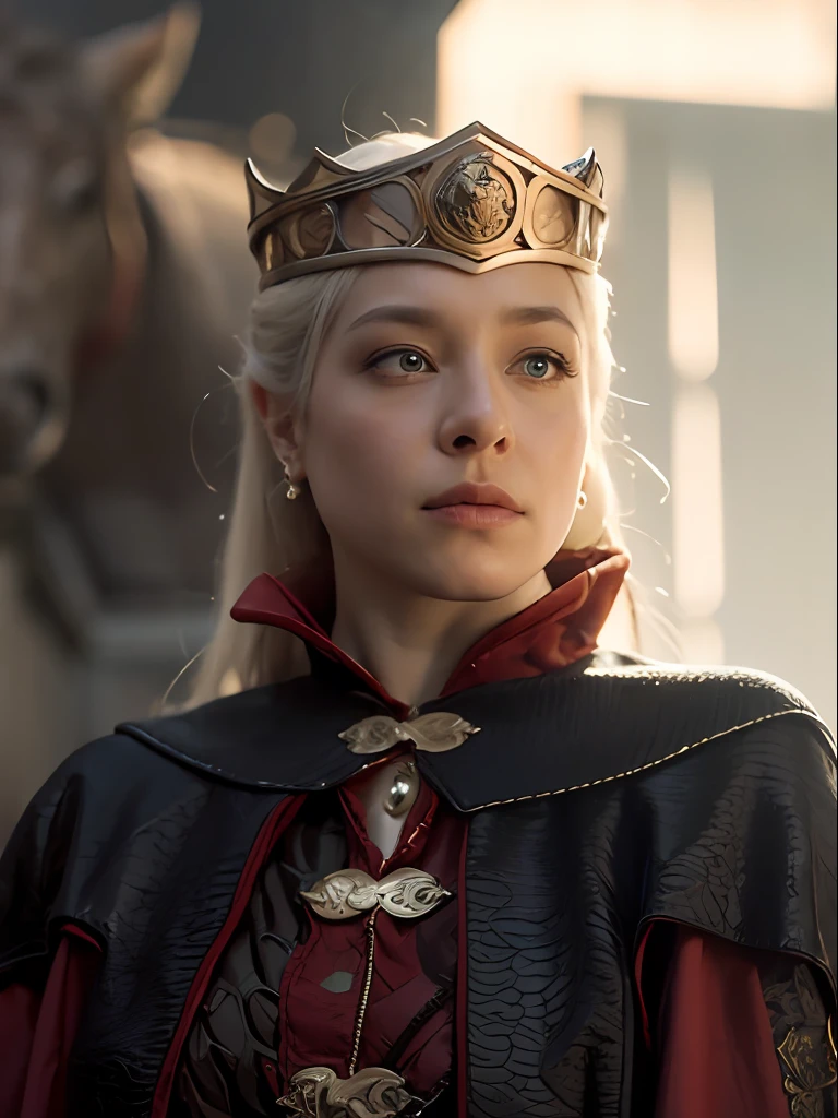 Photo-realistic, Cinematic poster of Queen HaenyraTargaryen in Epic Pose wearing a crown. in the background a great dragon, flames, fire, use the face of HaenyraTargaryen, Haenyra Targaryen. super detail, ccurate, best quality, UHD, 8k, masterpiece, anatomically correct, textured leather, super detail, high details, high quality, Photo-realistic, raw, kodak, vibrant colors.