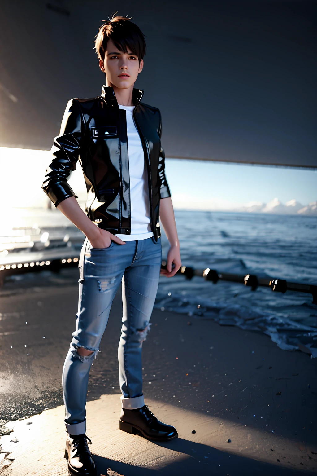 boy in 3D character looking at camera blue eyes, ,VRAY, BLUE BEACH hollow in full body ((Quality 32K))