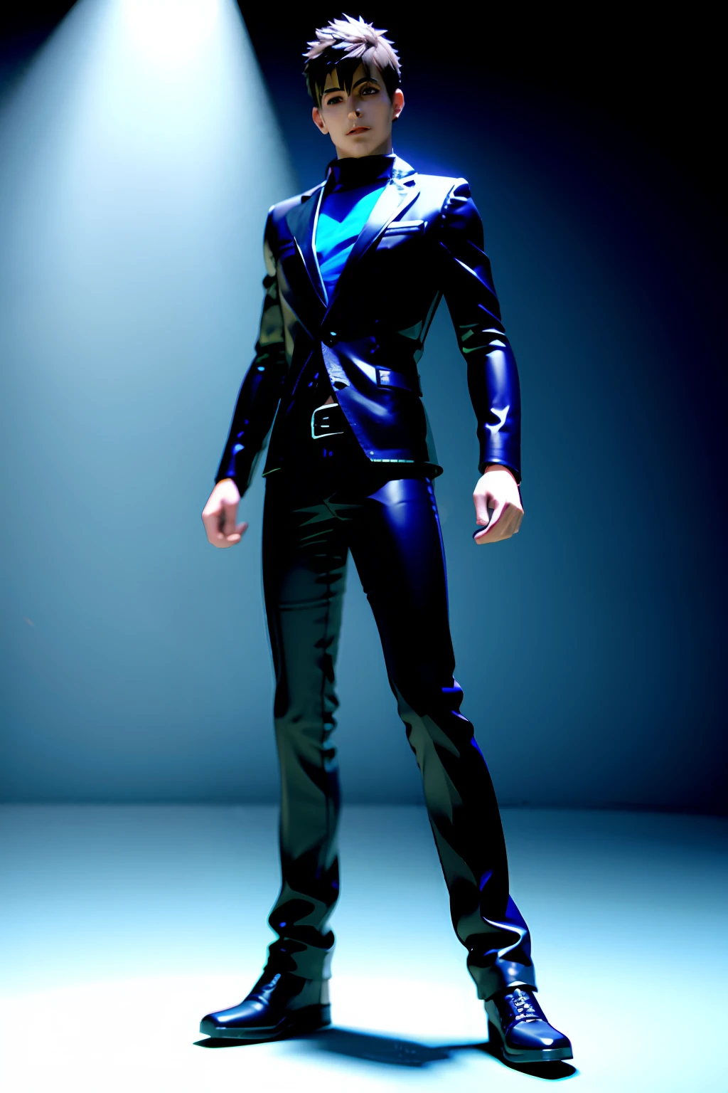 boy in 3D character looking at camera blue eyes, ,VRAY, BLUE BEACH hollow in full body ((Quality 32K))