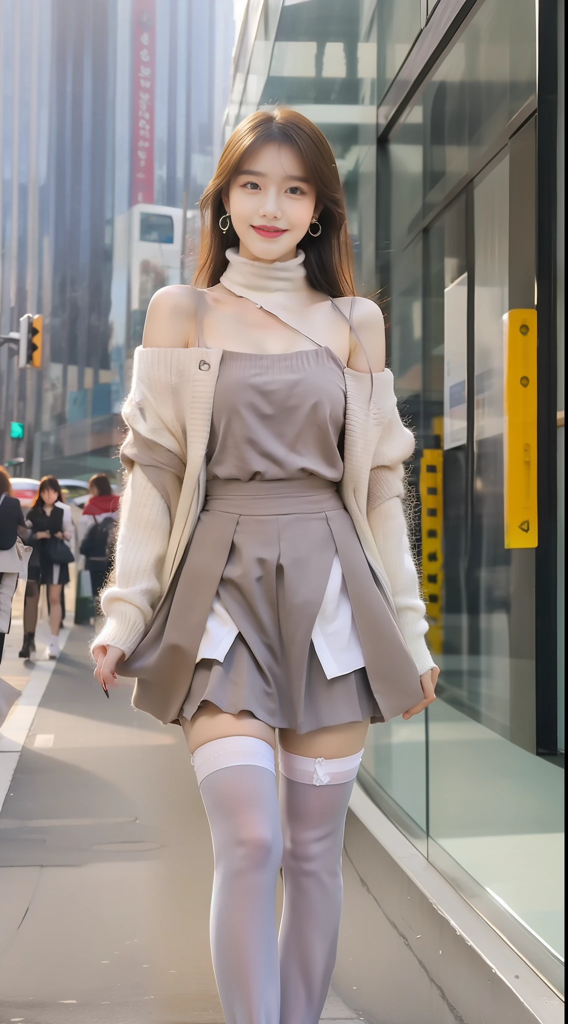 (1.5 for a person), (1.5 for a pure and cute high school student), ((best quality, 8k, masterpiece: 1.3)), (slim body: 1.3), focus: 1.2, perfect body beauty: 1.4, (lip smile: 1.2), (pure desire 1.5) Highly detailed face and skin texture, fine eyes, double eyelids, whitening skin, (flaming red lips: 1.5), (student set: 1.4), (Full body photo 1.8) (one-shoulder sweater 1.4) slender legs, (skirt 1.5) (transparent gray stockings, horse oil socks 1.5), delicate facial features, high nose, big eyes, wearing earrings, hand strapping a fashion watch, (silver and white double long hair 1.5), standing in Gangnam Town