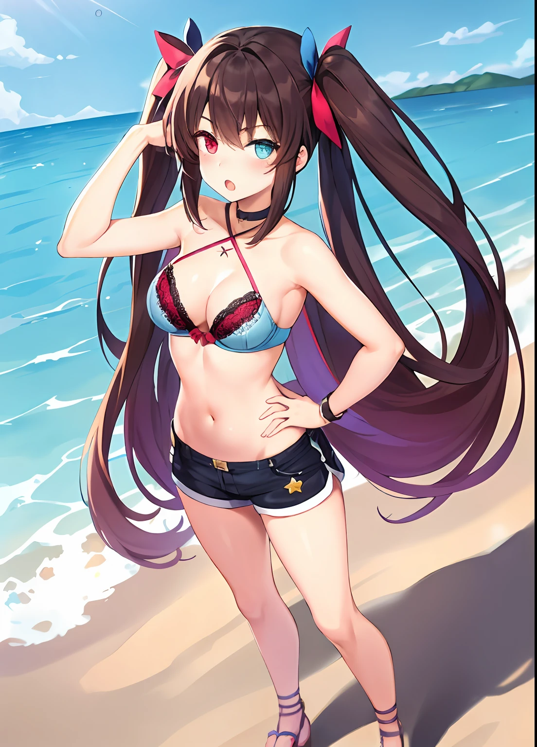 Original Art Station Character, (Realistic: 1.5), (Masterpiece, Best Quality, Highres: 1.2), (ultra_detailed, 4K, UHD: 1.2), (pixiv: 1.1), Perfect Body, Epic Seven, Luluca\(Epic Seven\), ((Heterochromia)), Blue Eyes, Red Eyes, (masterpiece, best quality, detailed), 1girl, Solo, Outdoor, Day, Street, Hand on Hip, :o, sideways, looking at the viewer, Full-bodied girl, medium breasts, light skin, light blue bra, micro light blue thong underwear, white shorts with pink drawstring, dark brown hair, with very long pigtails long hair that reach her waist, star hair ornaments, ((left eye color light blue, red color of the right eye)), transparent light blue hat, eat vanilla ice cream, Pink sandals with pink ankle straps. Landscape a summer beach, the sea has a light blue color and the sky is clear.