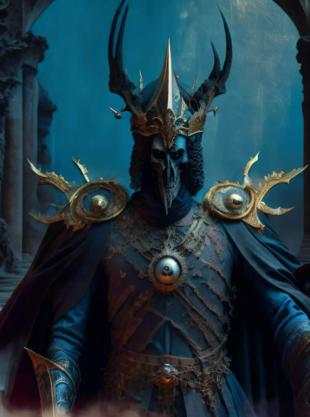 "An imposing and regal figure, the God of Death Hades is depicted in a photorealistic image. Hades is shown in a powerful stance, emanating an aura of authority and darkness. He is dressed in an intricate black and gold armor, adorned with intimidating spikes and intricate engravings. Hades holds a menacing ebony scythe, the symbol of his dominion over death and the underworld. The environment surrounding Hades is a dimly lit, ethereal underworld chamber, filled with swirling shadows and faint glimmers of ghostly figures. The image is captured with a high-quality camera using a medium shot lens, emphasizing the intricate details of Hades' armor and the expressions on his face. The lighting is dark and moody, with subtle highlights and shadows adding depth to the scene. The resolution is set at 4K, ensuring every nuance of Hades' intimidating presence is captured in stunning realism."