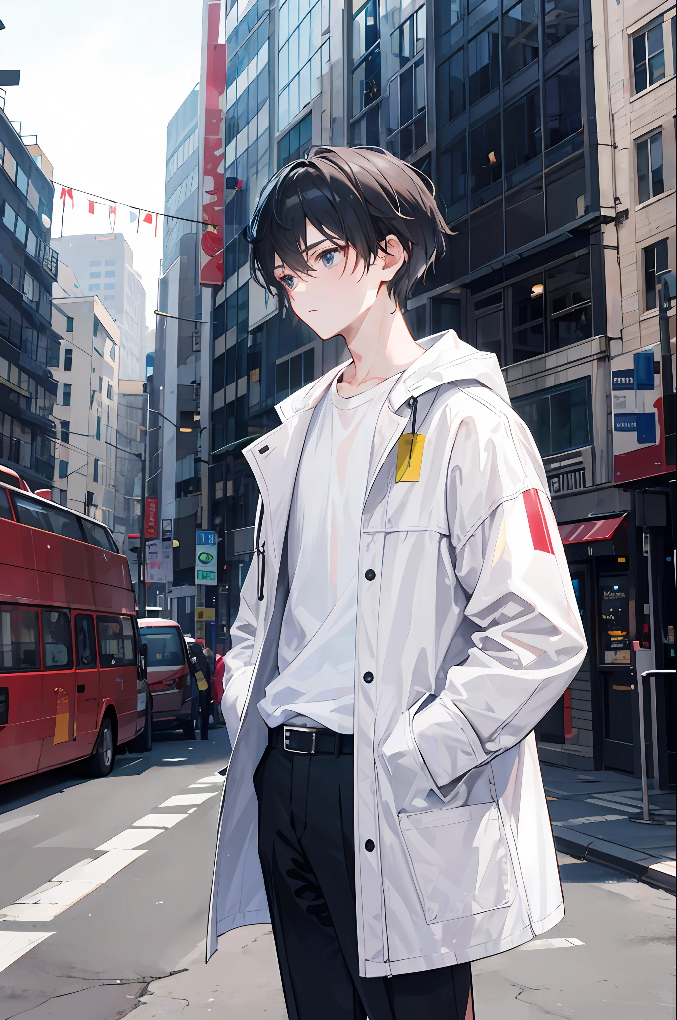 1boy,day city,White shirt White T-shirt, outside, a lot of people looking down,coat,hands in pockets